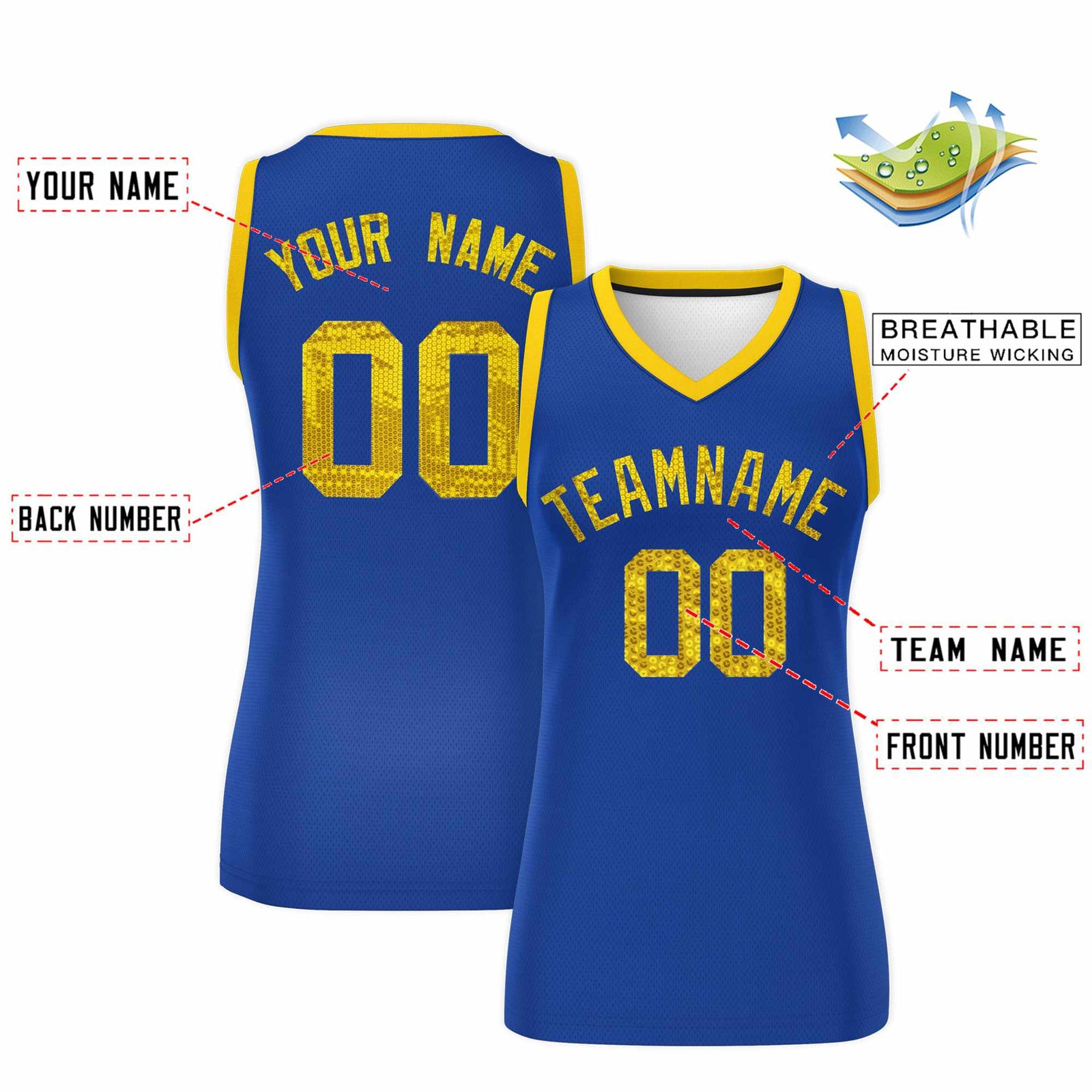 Custom Royal Gold Women Basketball Jersey Sequined Dress