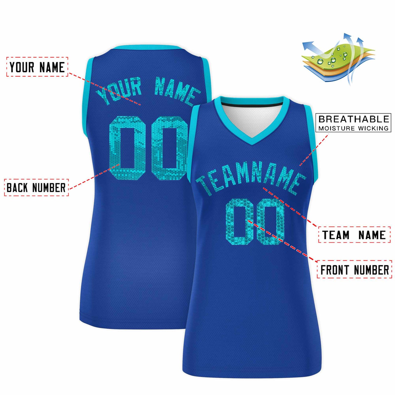 Custom Royal Sky Blue Women Basketball Jersey Sequined Dress
