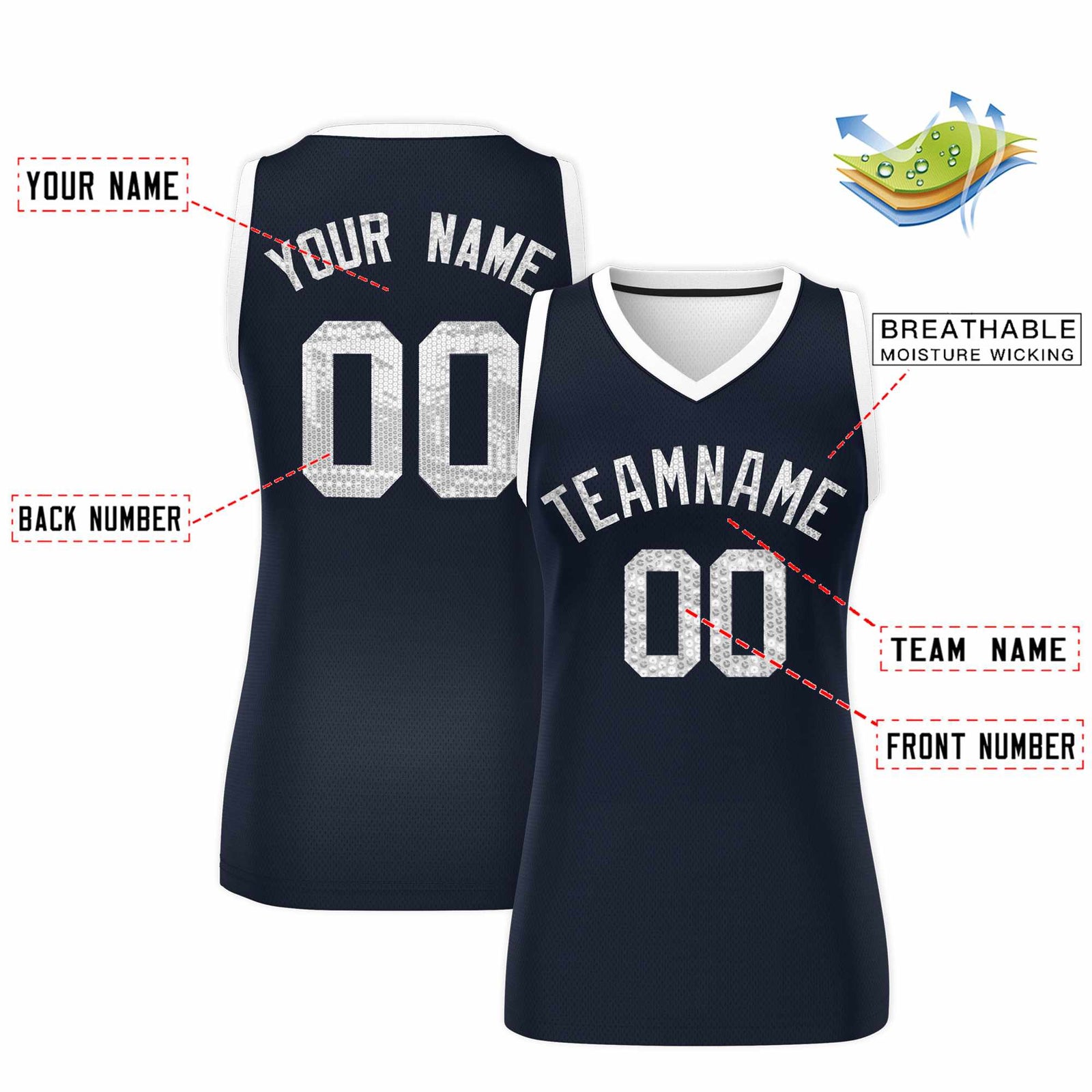 Custom Navy White Women Basketball Jersey Sequined Dress