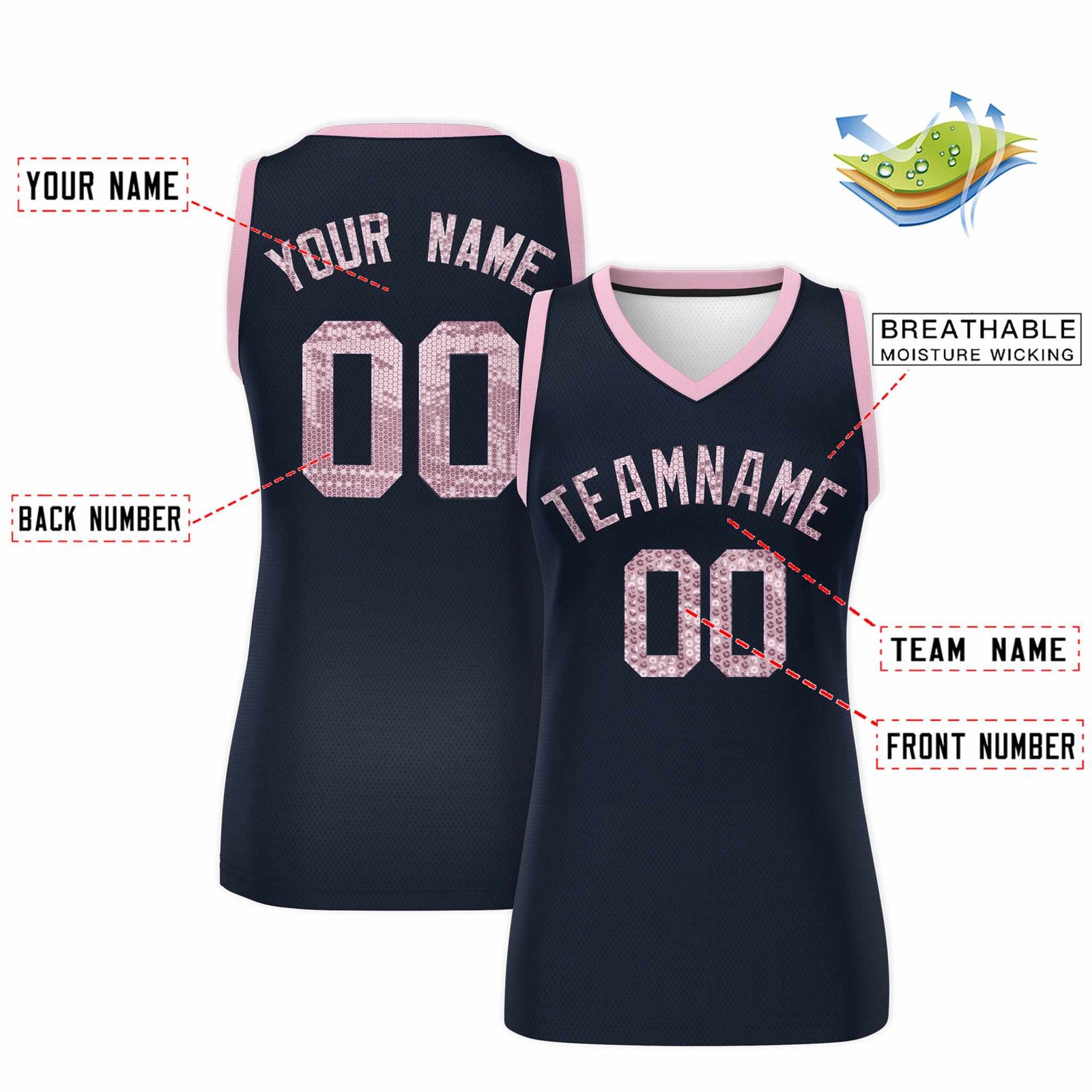 Custom Navy Light Pink Women Basketball Jersey Sequined Dress