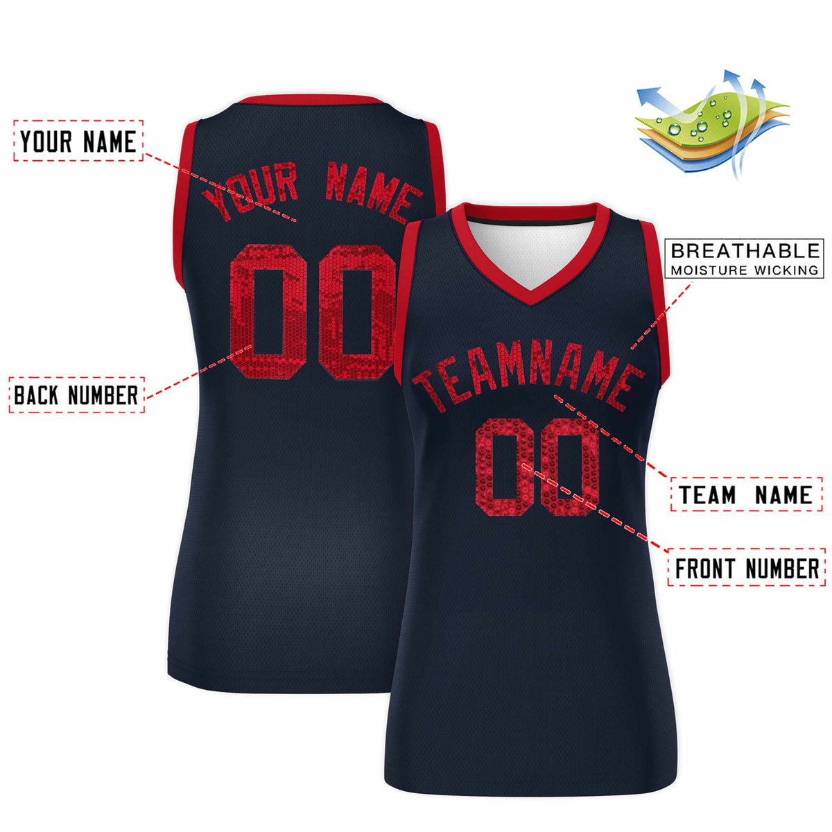 Custom Navy Red Women Basketball Jersey Sequined Dress