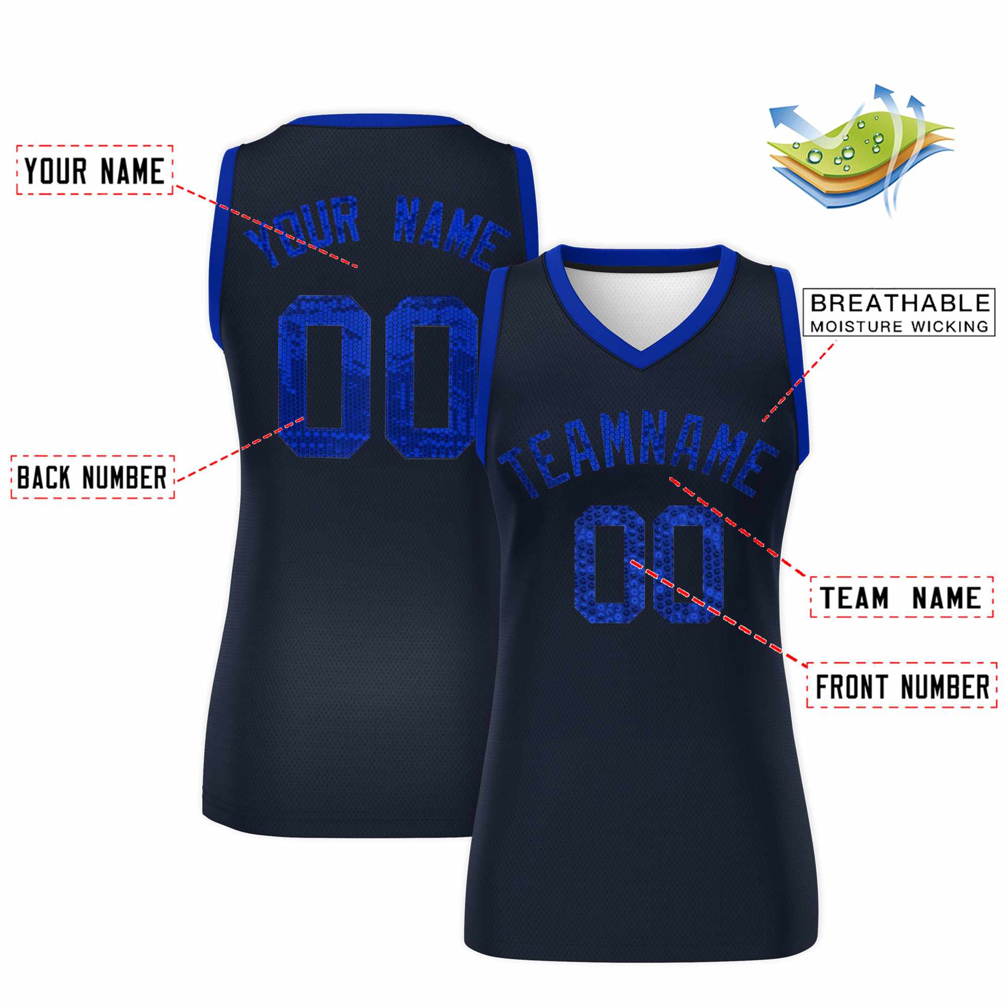 Custom Navy Royal Women Basketball Jersey Sequined Dress