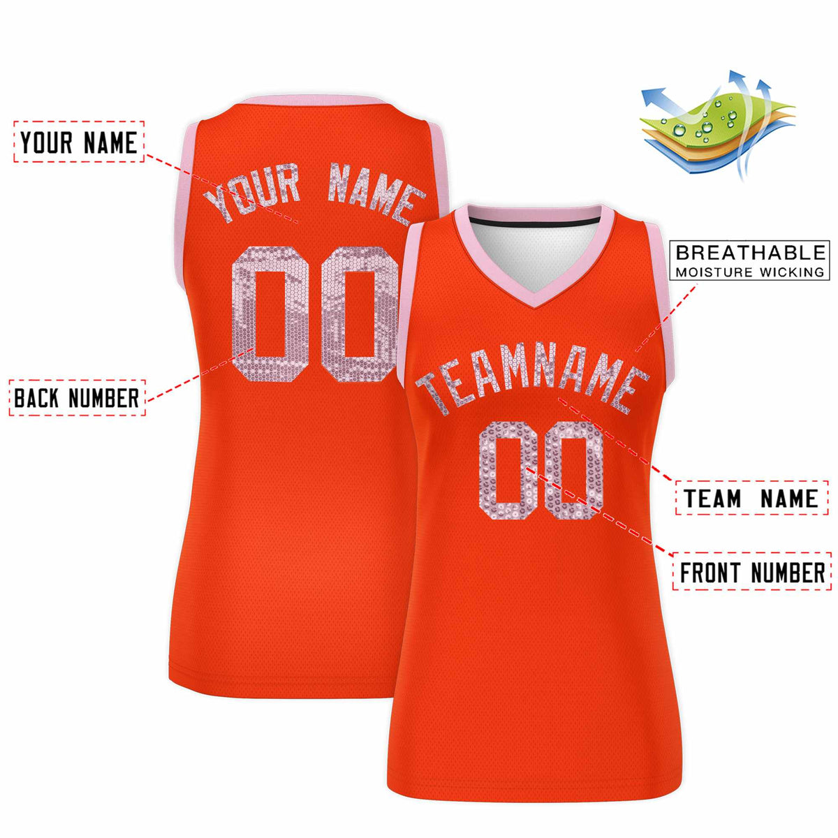 Custom Orange Light Pink Women Basketball Jersey Sequined Dress