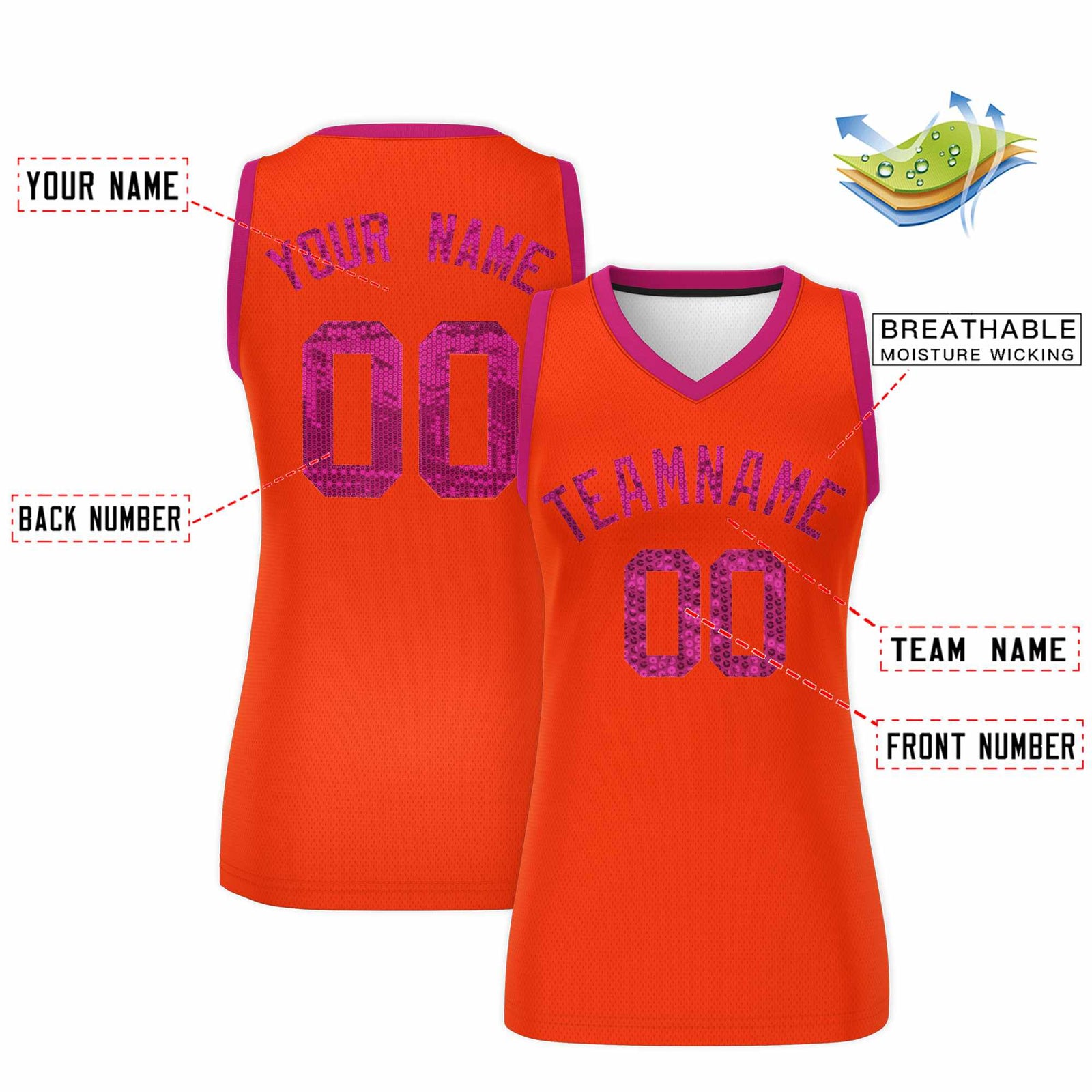 Custom Orange Pink Women Basketball Jersey Sequined Dress