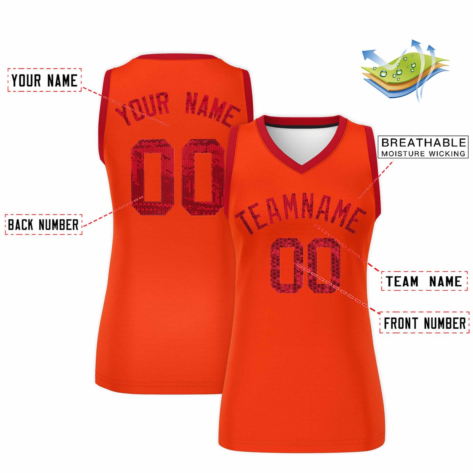 Custom Orange Red Women Basketball Jersey Sequined Dress