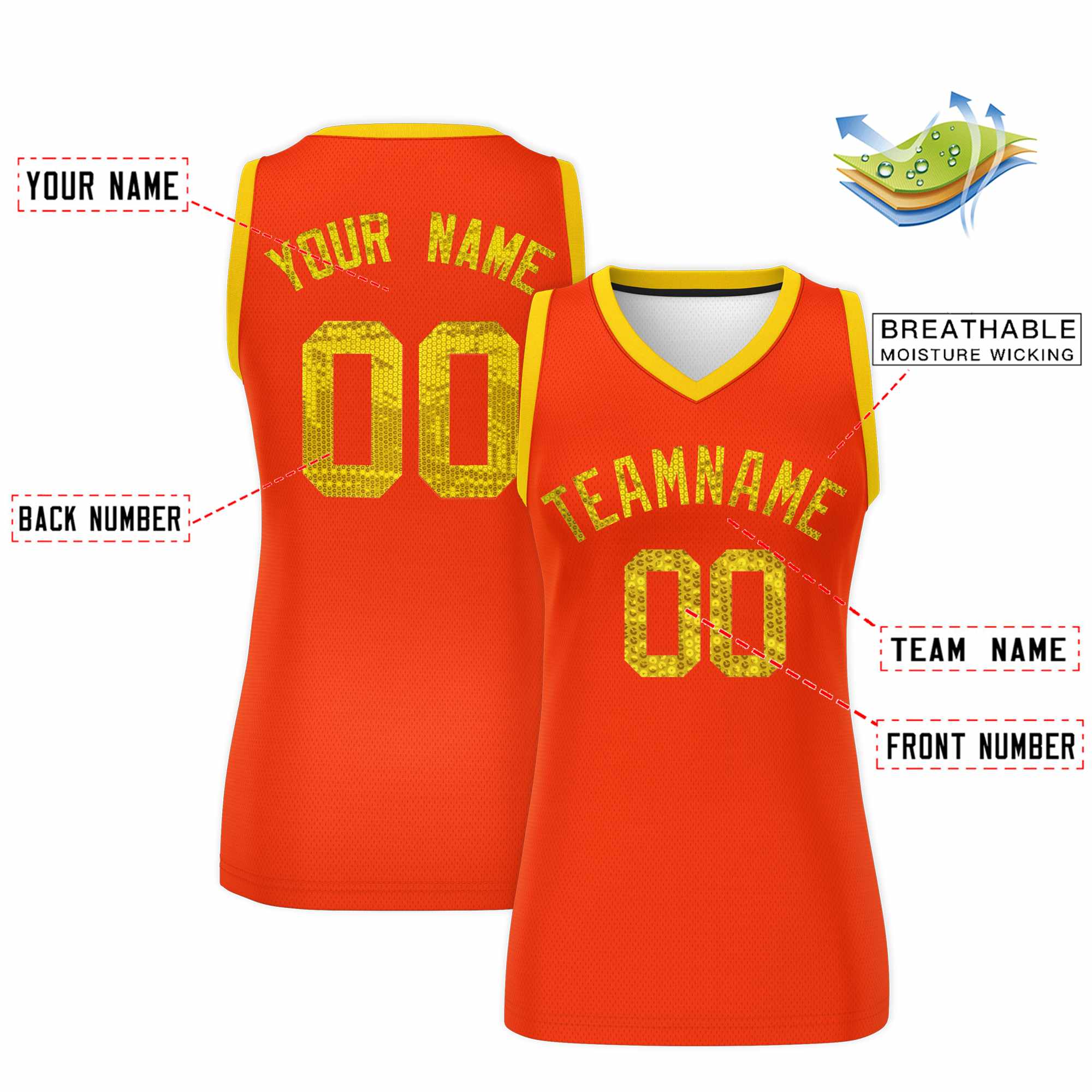 Custom Orange Gold Women Basketball Jersey Sequined Dress