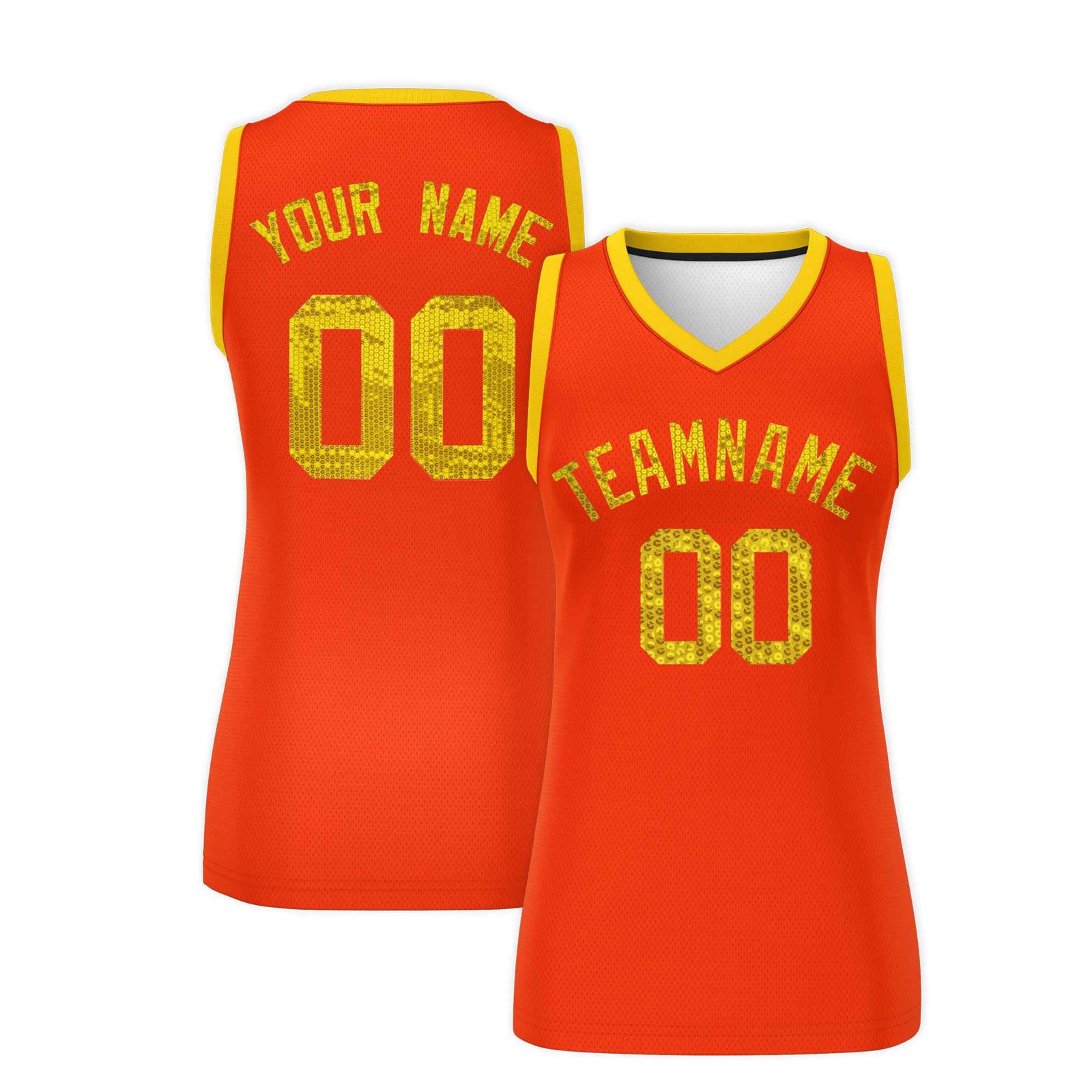 Custom Orange Gold Women Basketball Jersey Sequined Dress