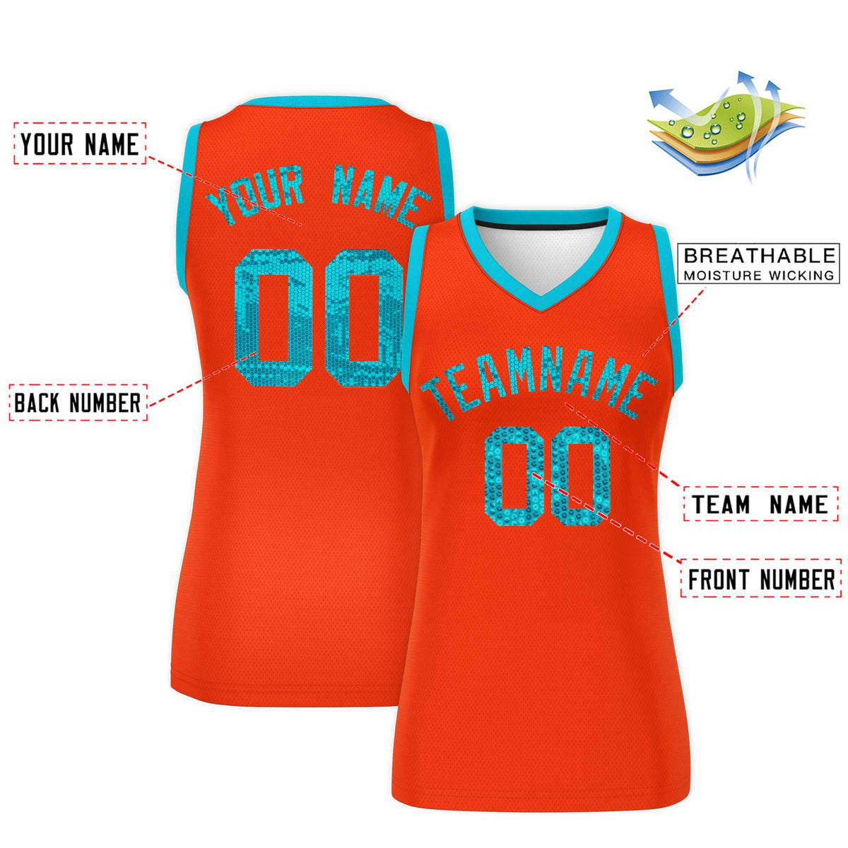 Custom Orange Sky Blue Women Basketball Jersey Sequined Dress