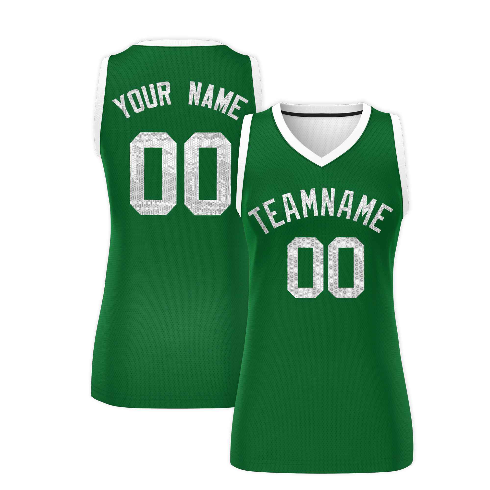 Custom Kelly Green White Women Basketball Jersey Sequined Dress