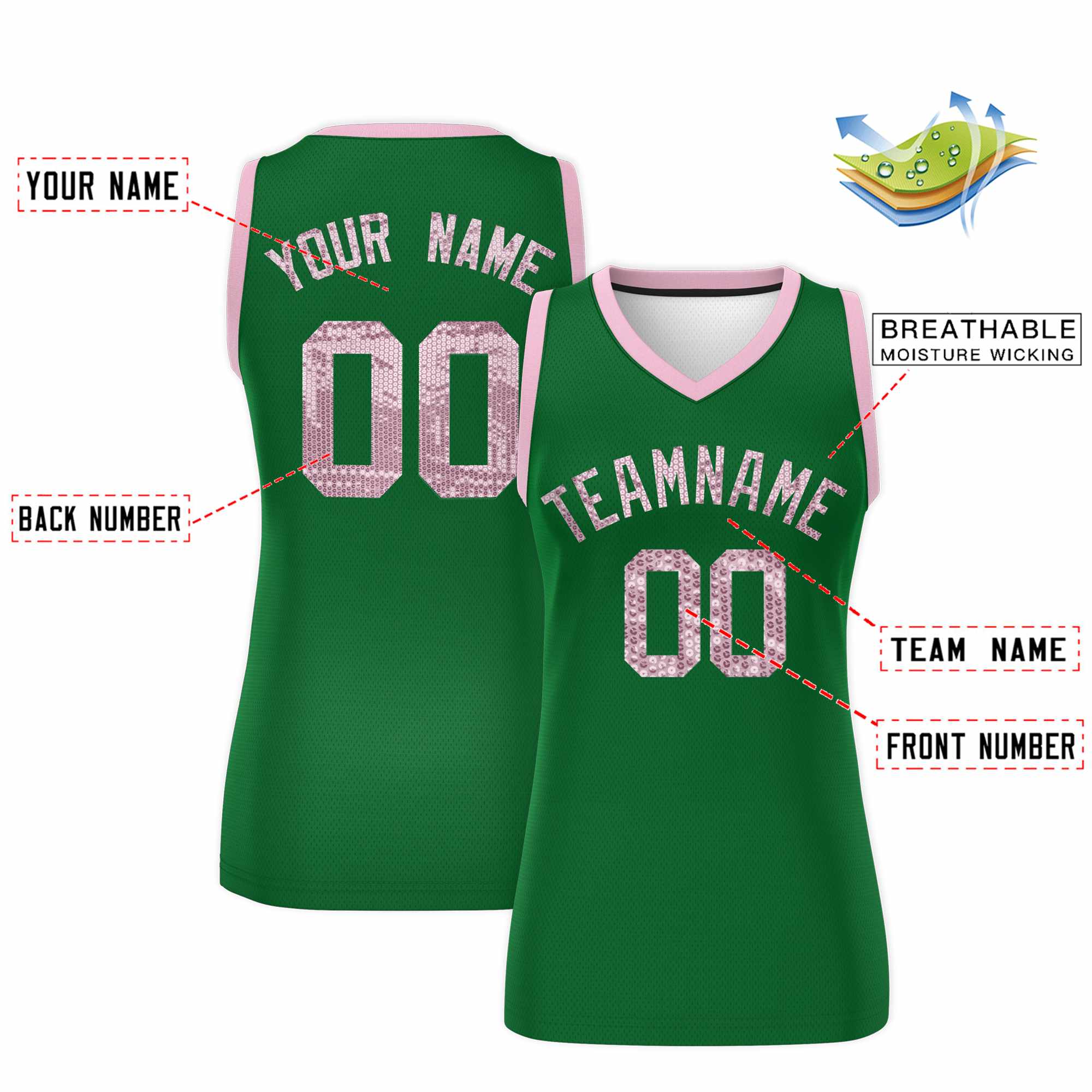 Custom Kelly Green Light Pink Women Basketball Jersey Sequined Dress