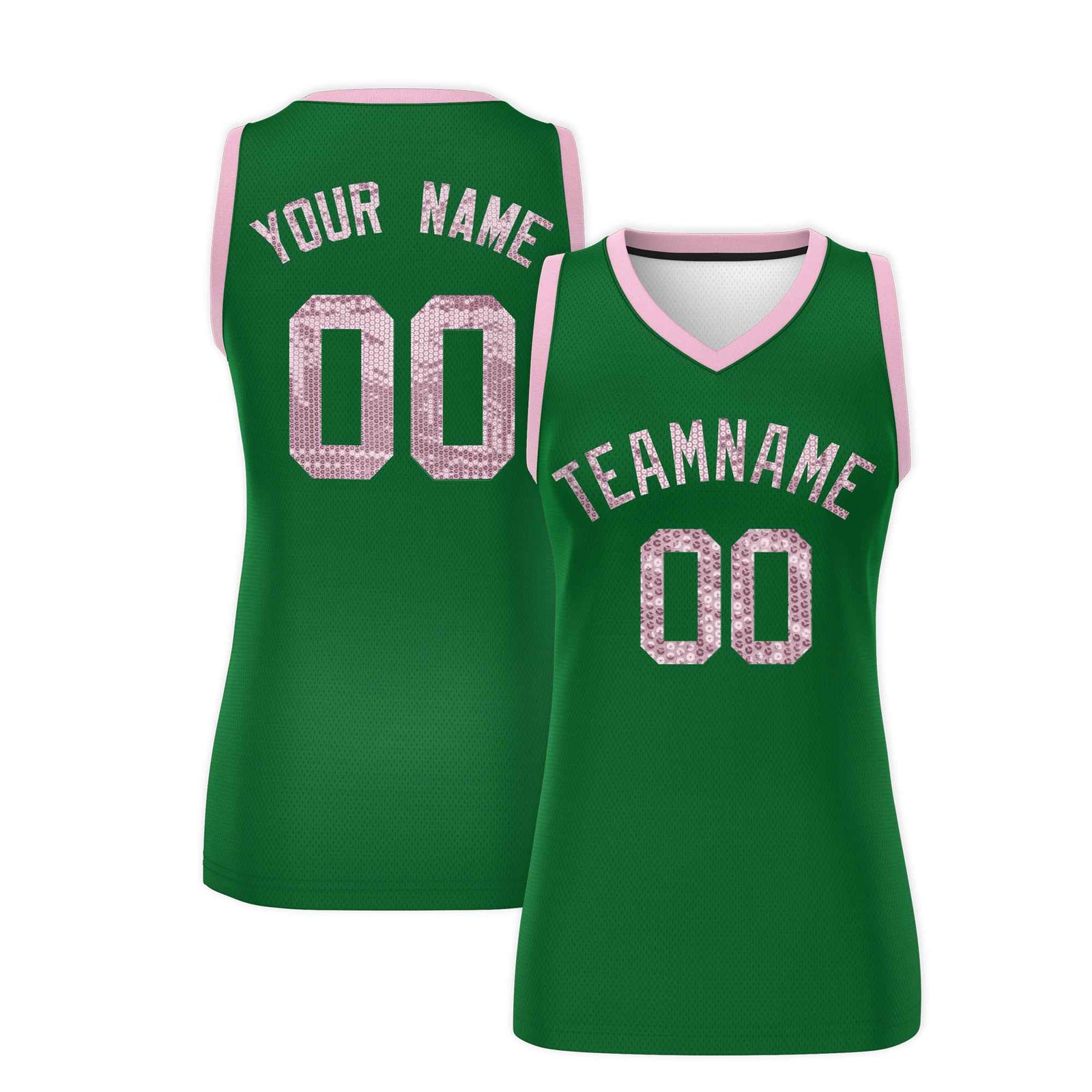 Custom Kelly Green Light Pink Women Basketball Jersey Sequined Dress