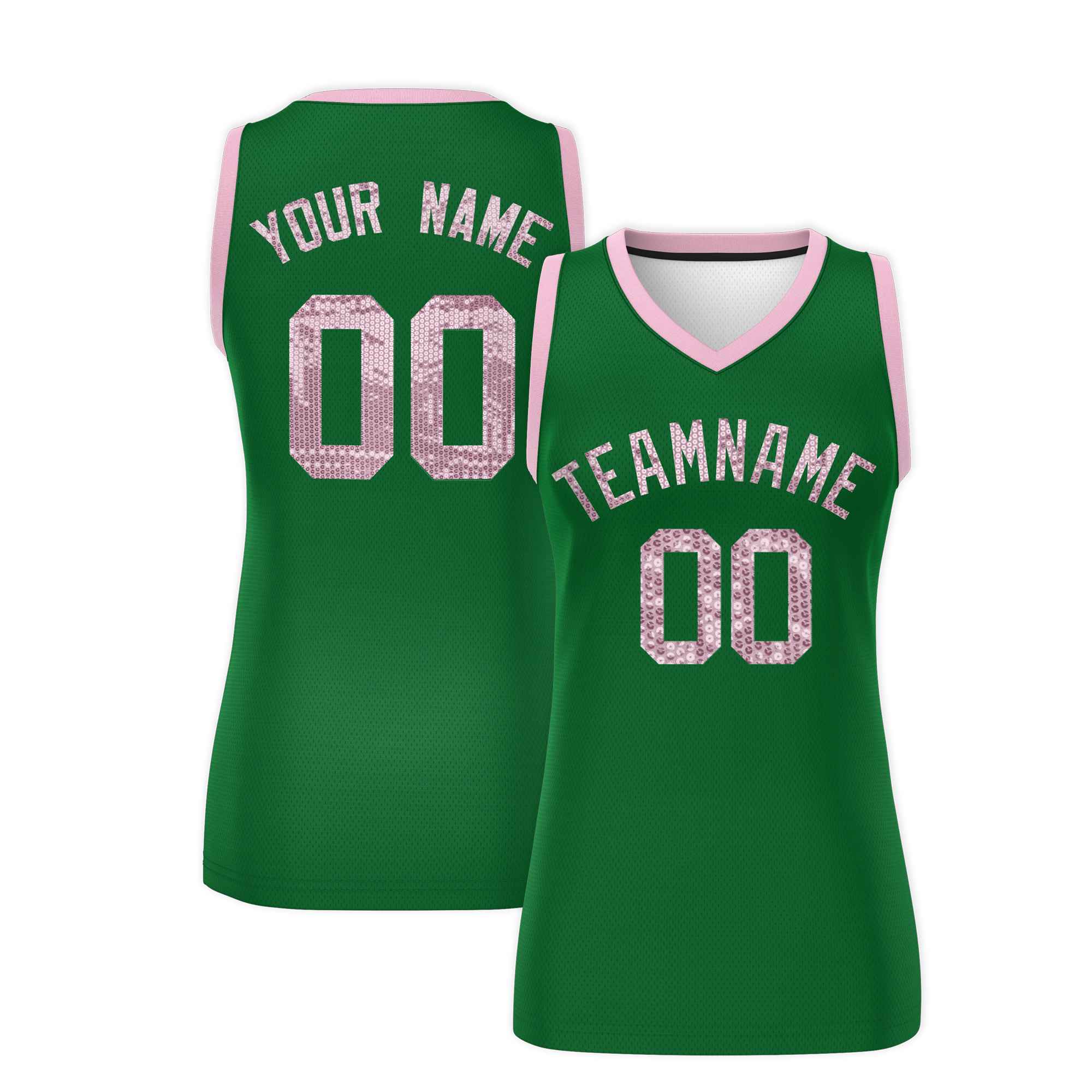 Custom Kelly Green Light Pink Women Basketball Jersey Sequined Dress