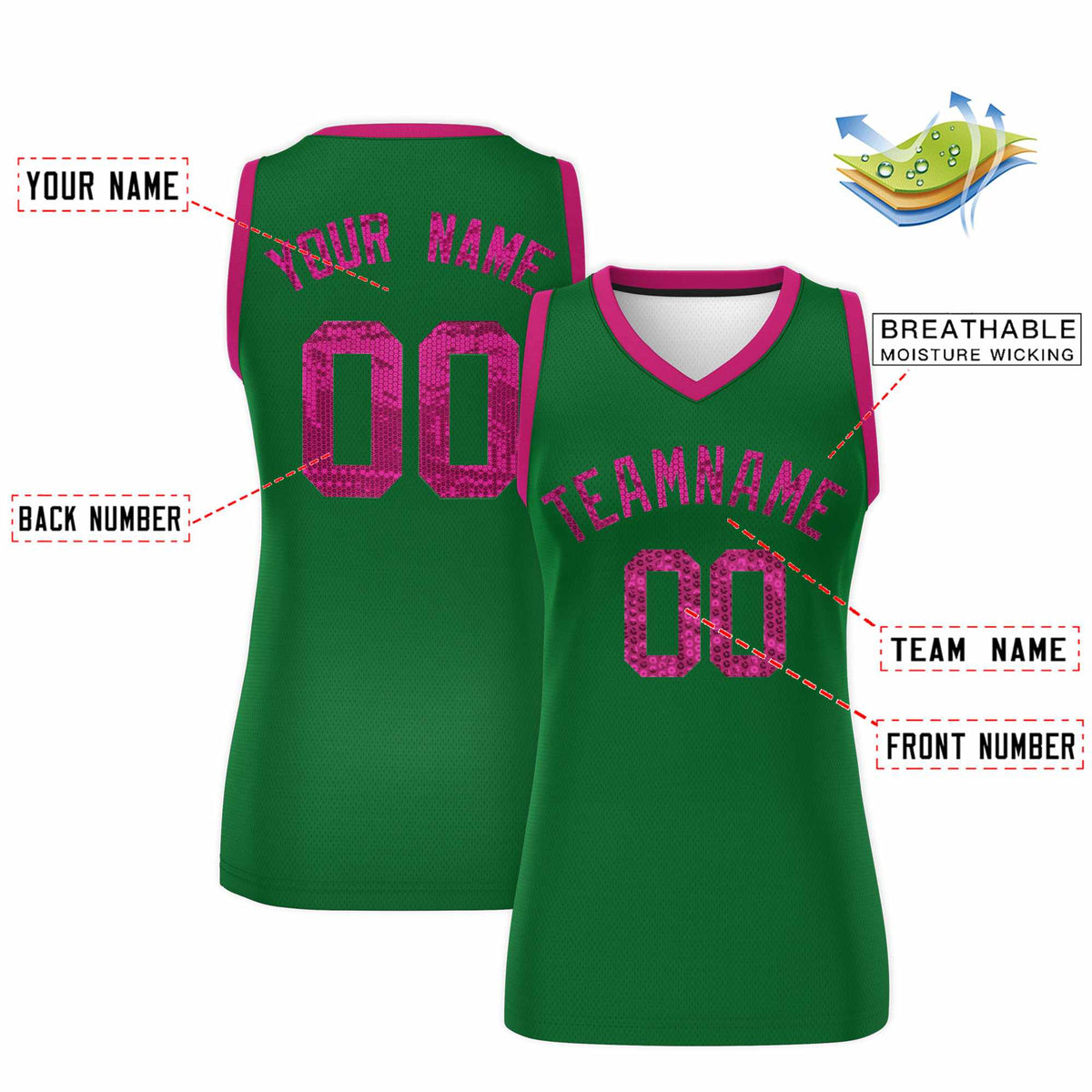 Custom Kelly Green Pink Women Basketball Jersey Sequined Dress