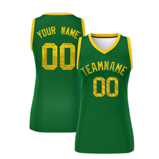 Custom Kelly Green Gold Women Basketball Jersey Sequined Dress - Style 1