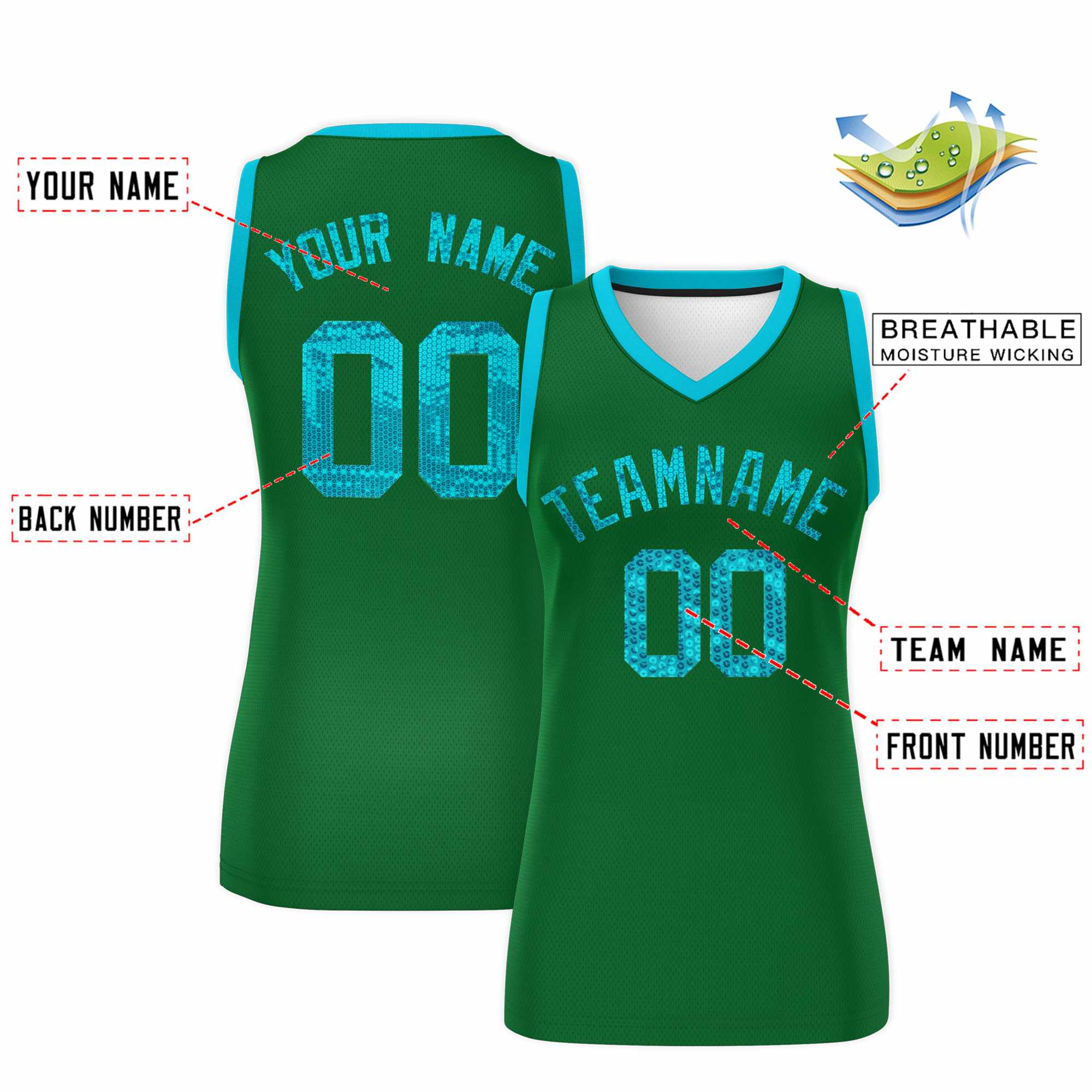 Custom Kelly Green Sky Blue Women Basketball Jersey Sequined Dress
