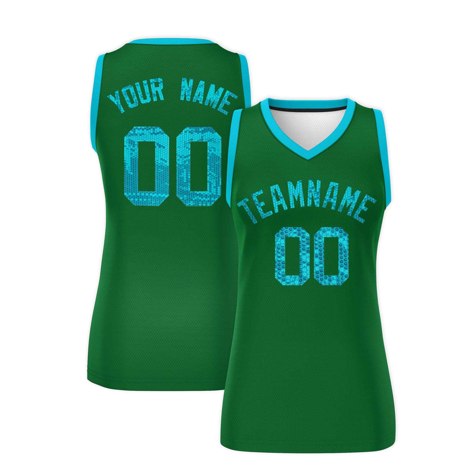 Custom Kelly Green Sky Blue Women Basketball Jersey Sequined Dress