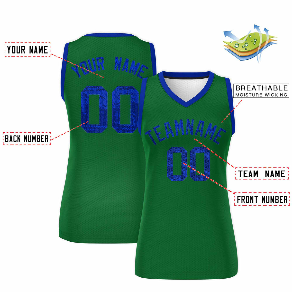 Custom Kelly Green Royal Women Basketball Jersey Sequined Dress