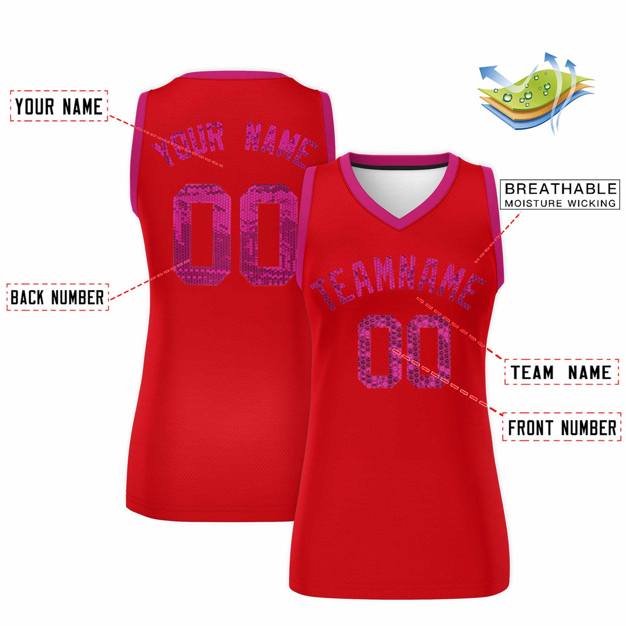 Custom Red Pink Women Basketball Jersey Sequined Dress