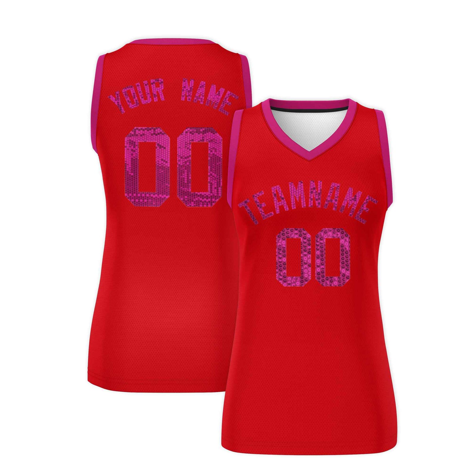 Custom Red Pink Women Basketball Jersey Sequined Dress