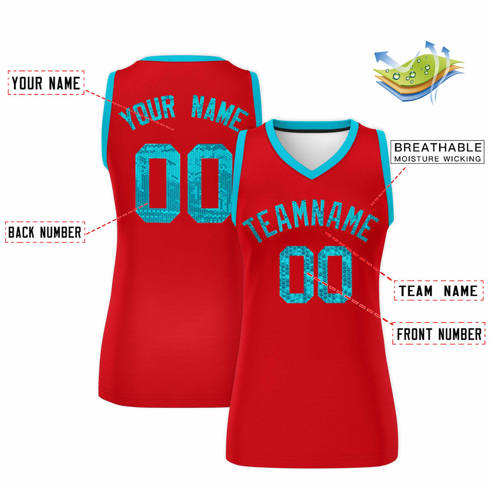 Custom Red Sky Blue Women Basketball Jersey Sequined Dress