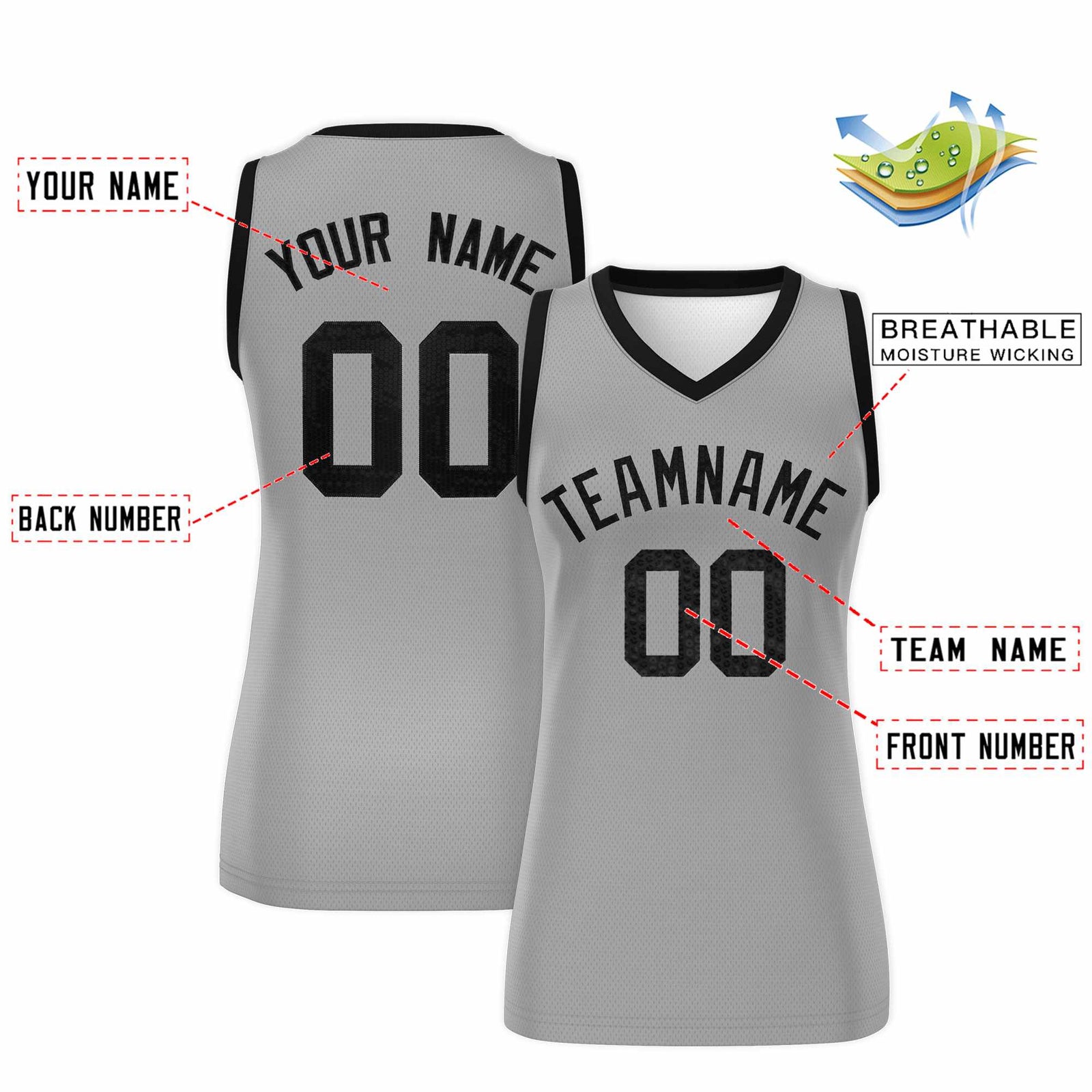 Custom Silver Black Women Basketball Jersey Sequined Dress