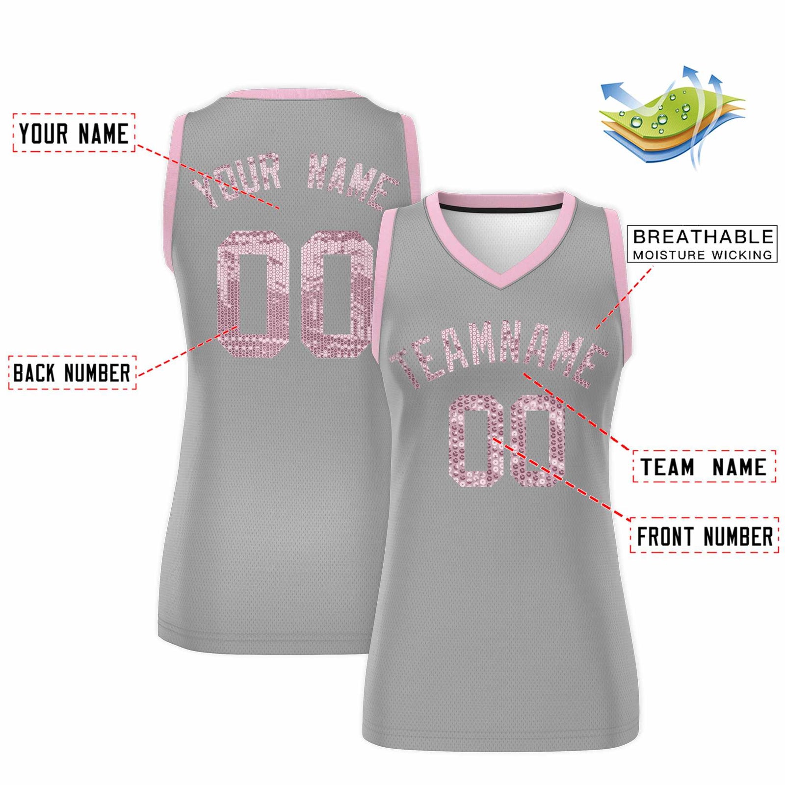 Custom Silver Light Pink Women Basketball Jersey Sequined Dress