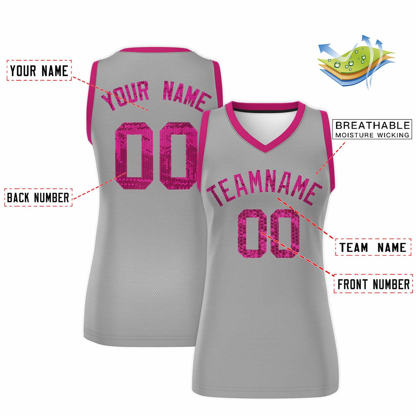 Custom Silver Pink Women Basketball Jersey Sequined Dress