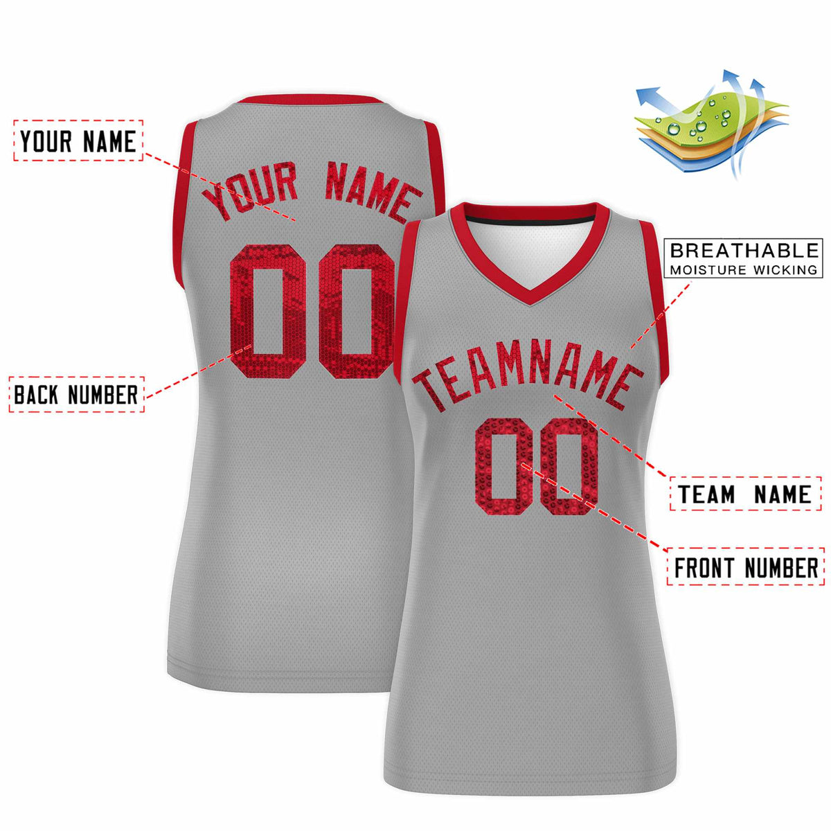 Custom Silver Red Women Basketball Jersey Sequined Dress