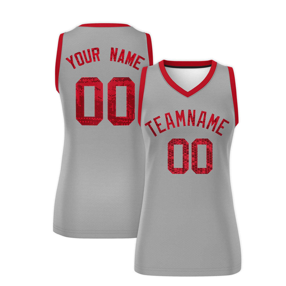 Custom Silver Red Women Basketball Jersey Sequined Dress