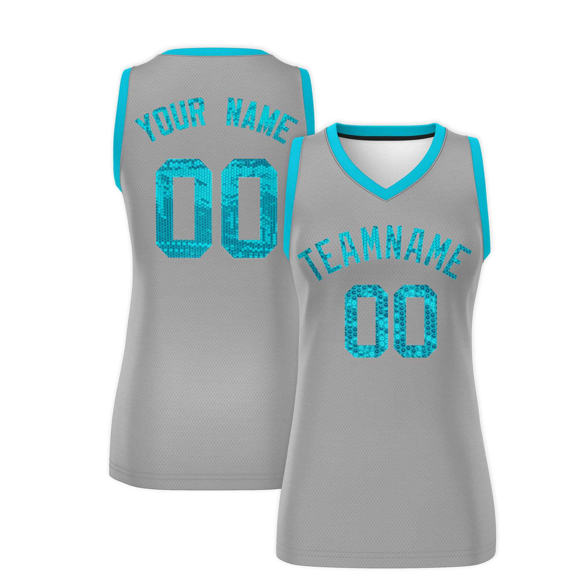 Custom Silver Sky Blue Women Basketball Jersey Sequined Dress