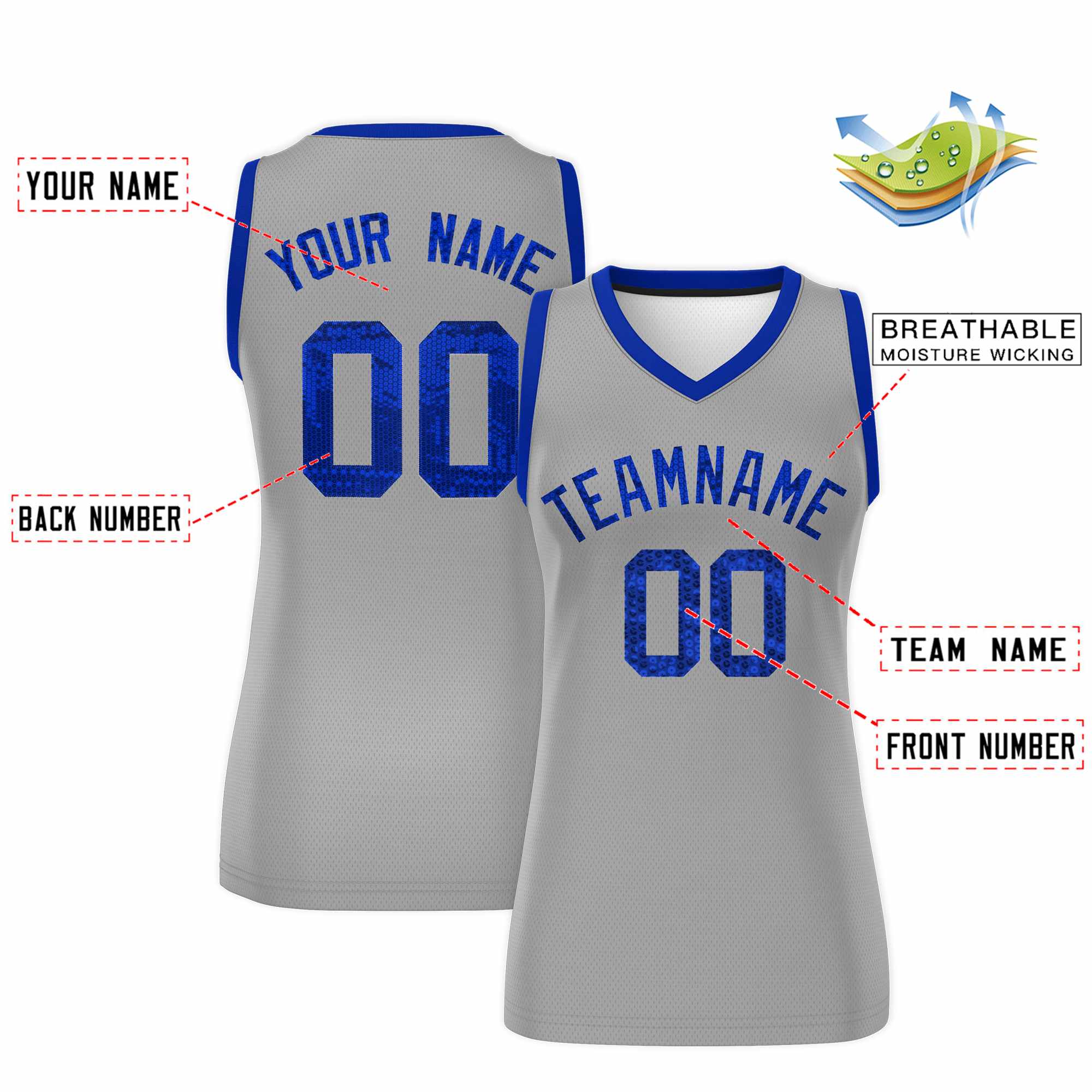 Custom Silver Royal Women Basketball Jersey Sequined Dress