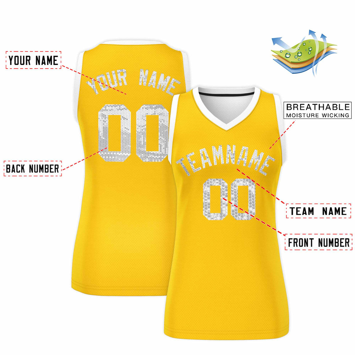 Custom Gold White Women Basketball Jersey Sequined Dress