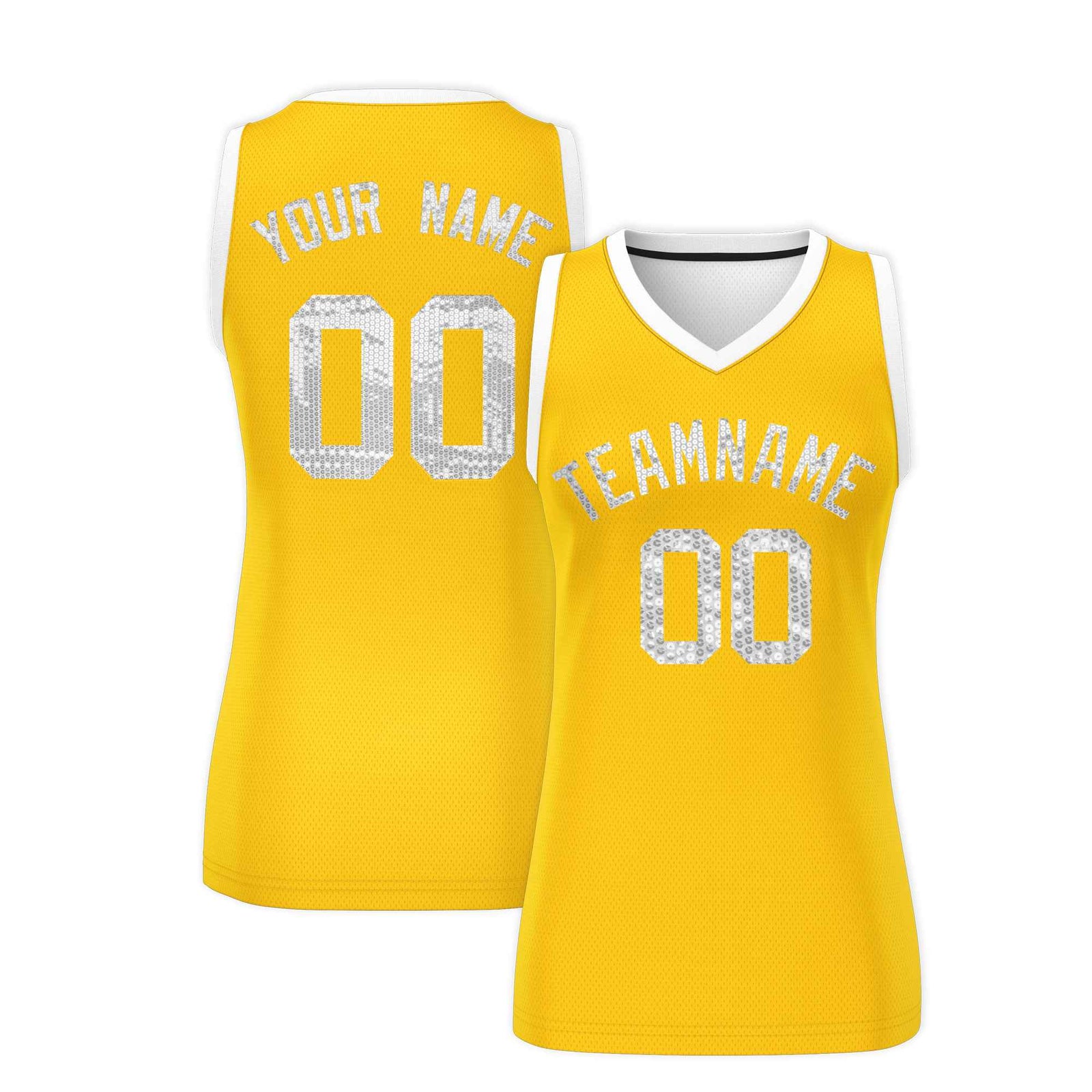 Custom Gold White Women Basketball Jersey Sequined Dress