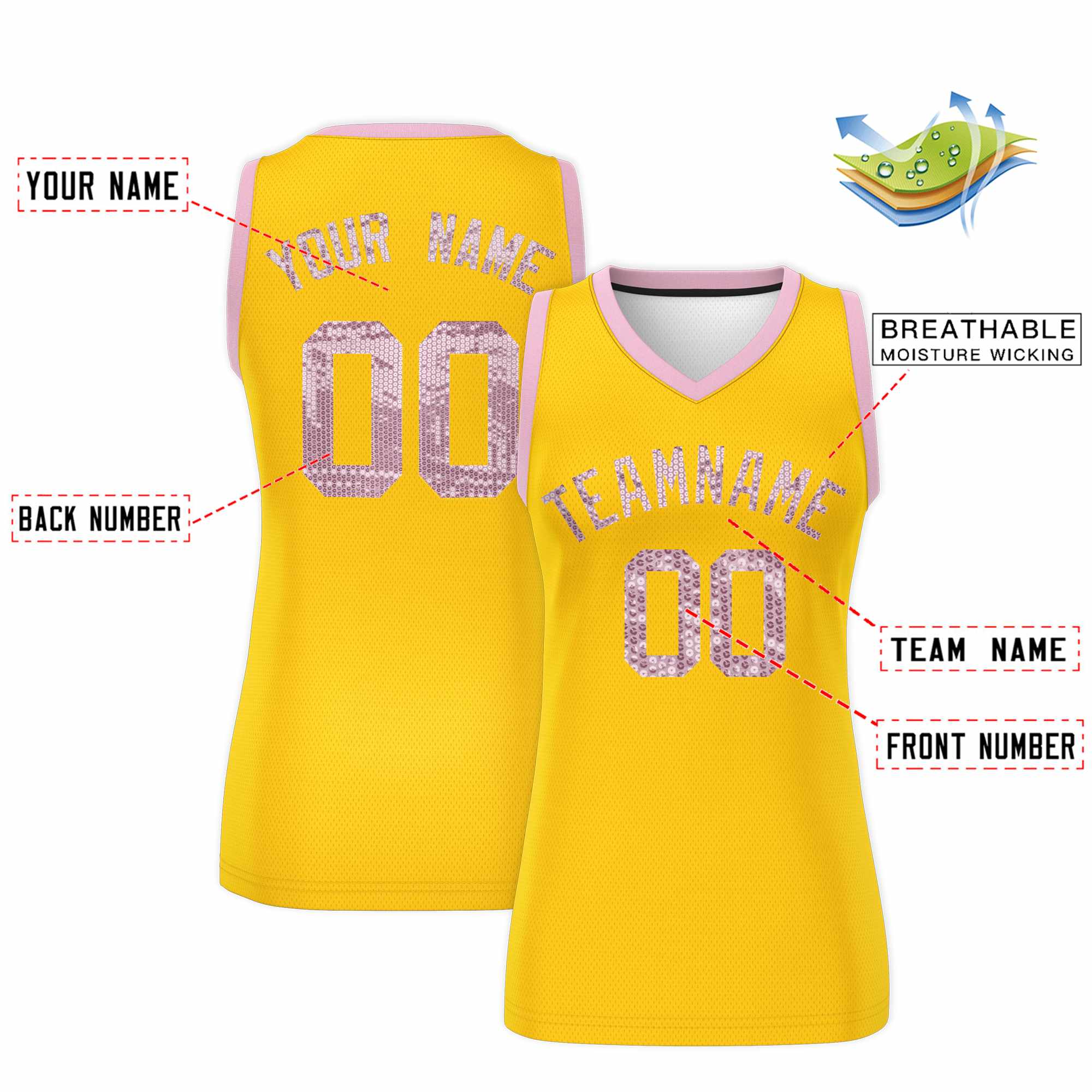 Custom Gold Light Pink Women Basketball Jersey Sequined Dress