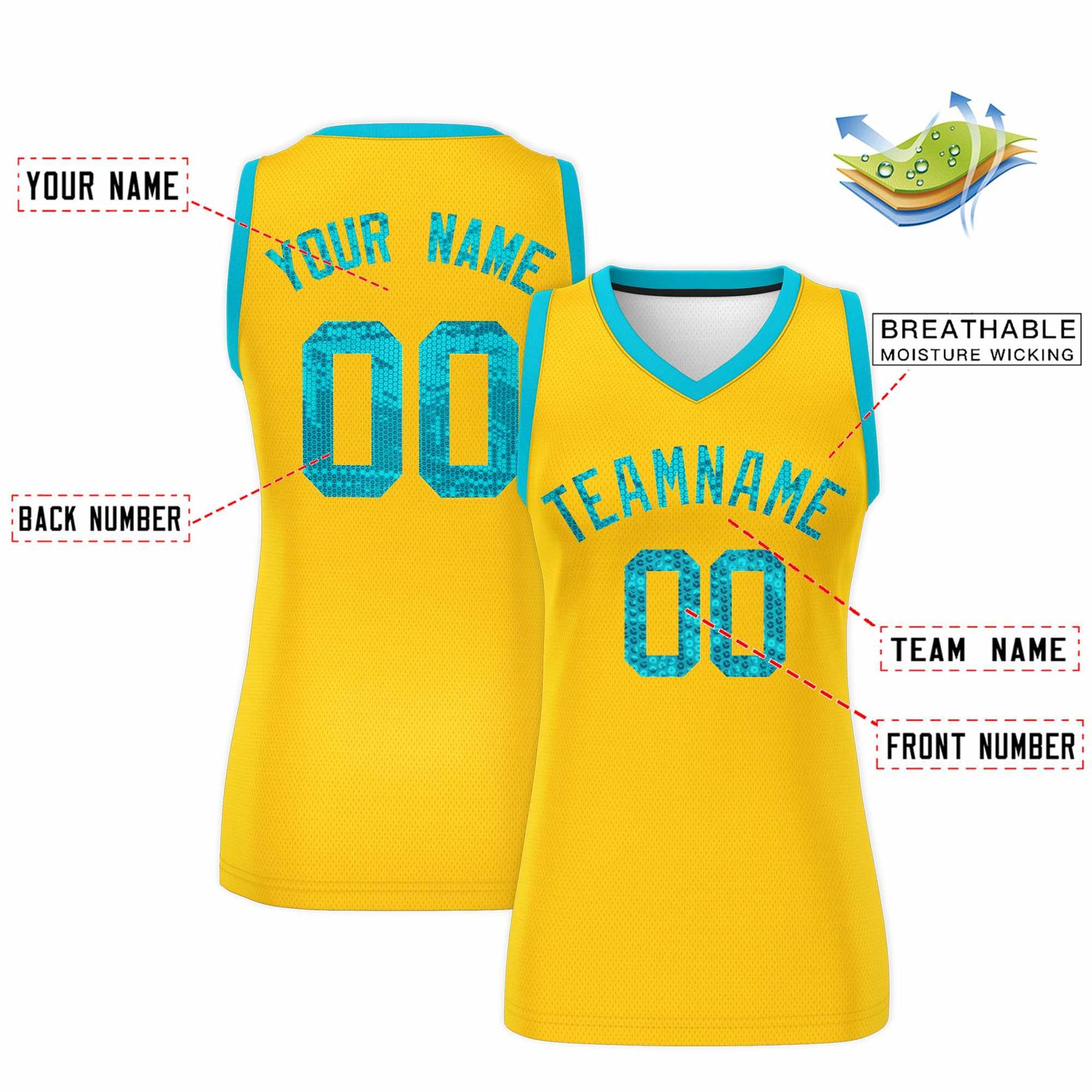 Custom Gold Sky Blue Women Basketball Jersey Sequined Dress