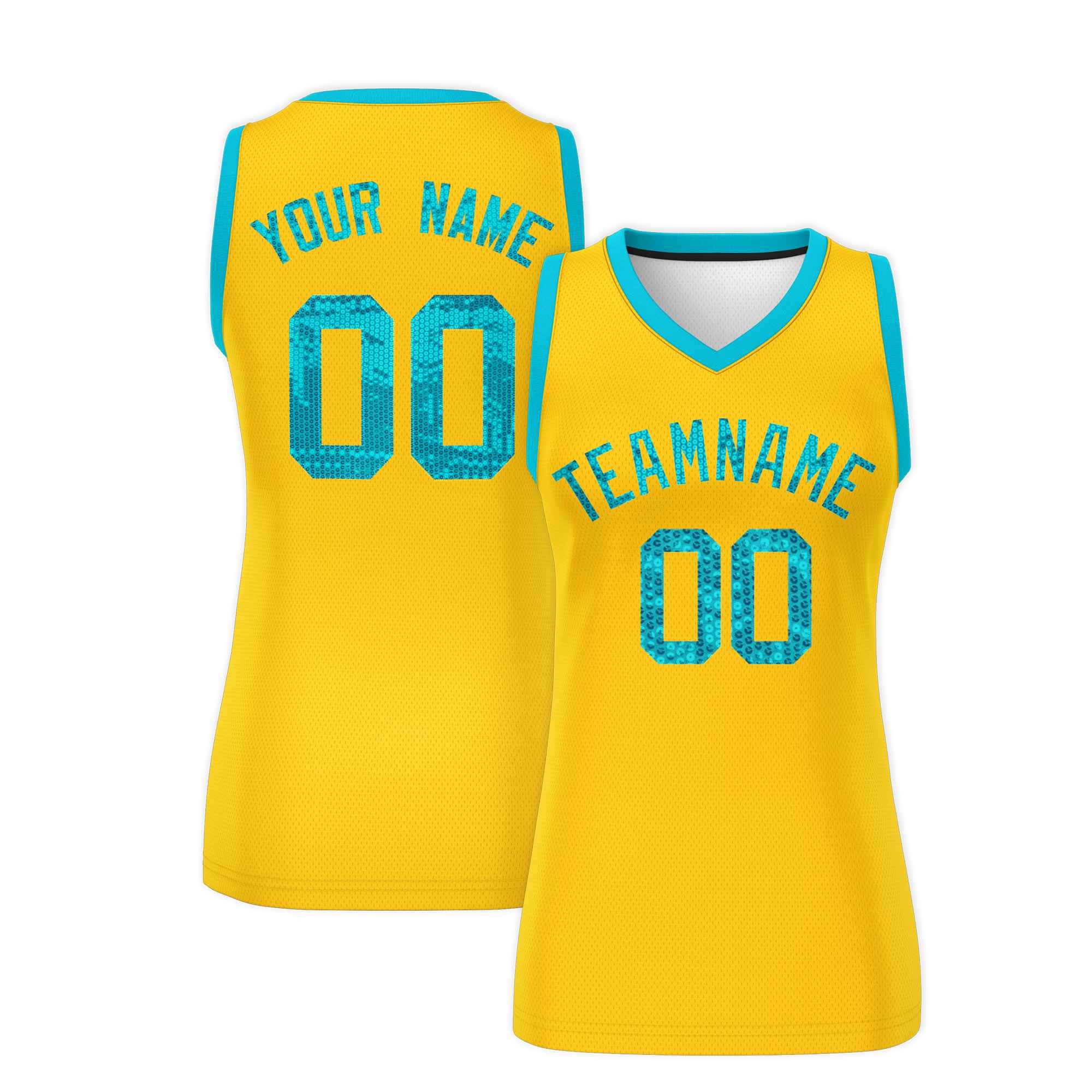 Custom Gold Sky Blue Women Basketball Jersey Sequined Dress