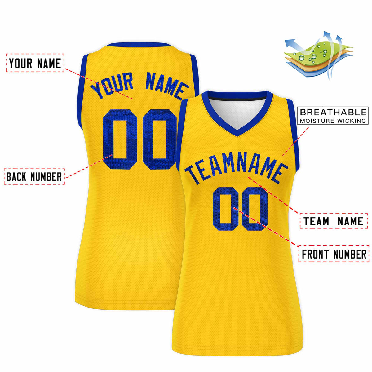 Custom Gold Royal Women Basketball Jersey Sequined Dress