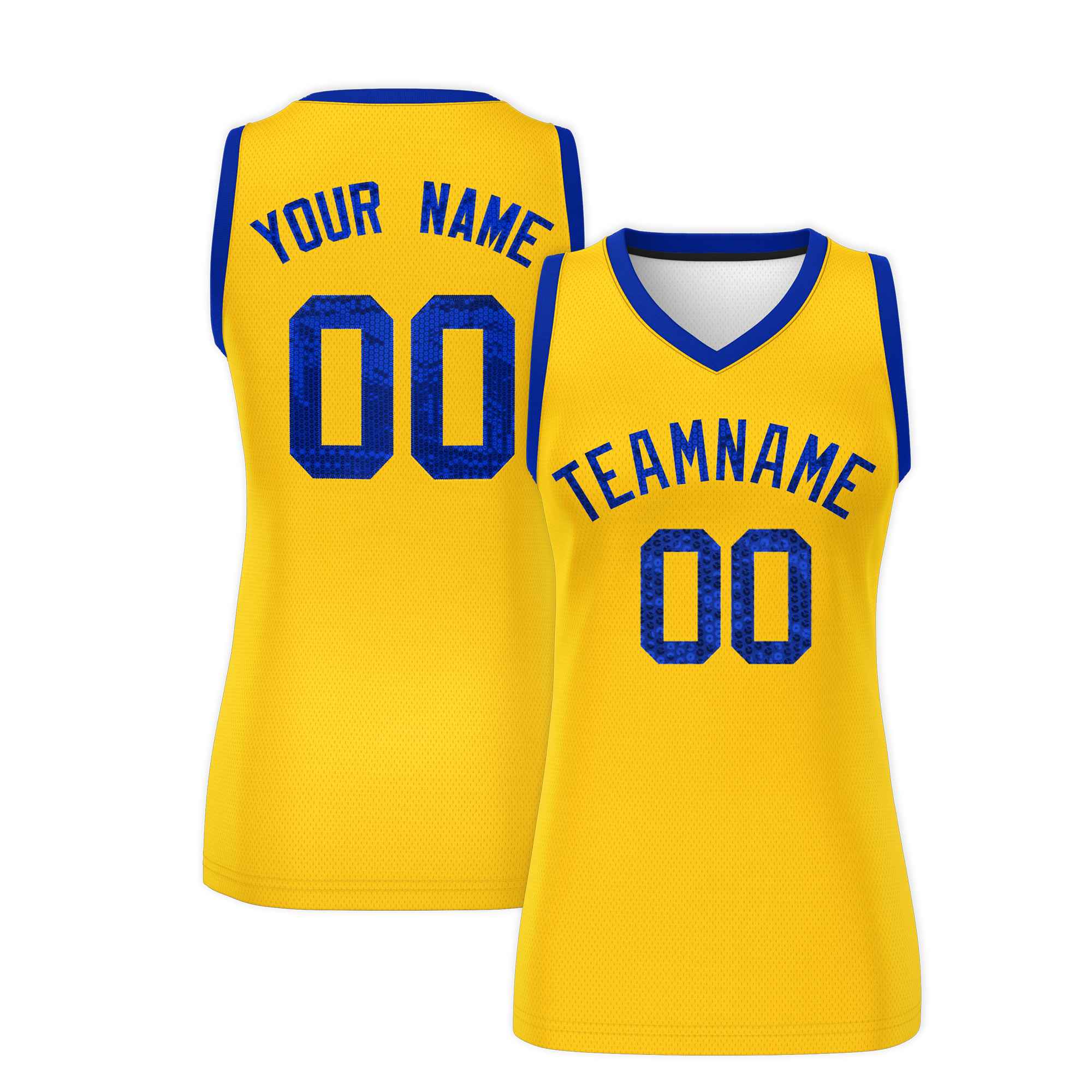 Custom Gold Royal Women Basketball Jersey Sequined Dress