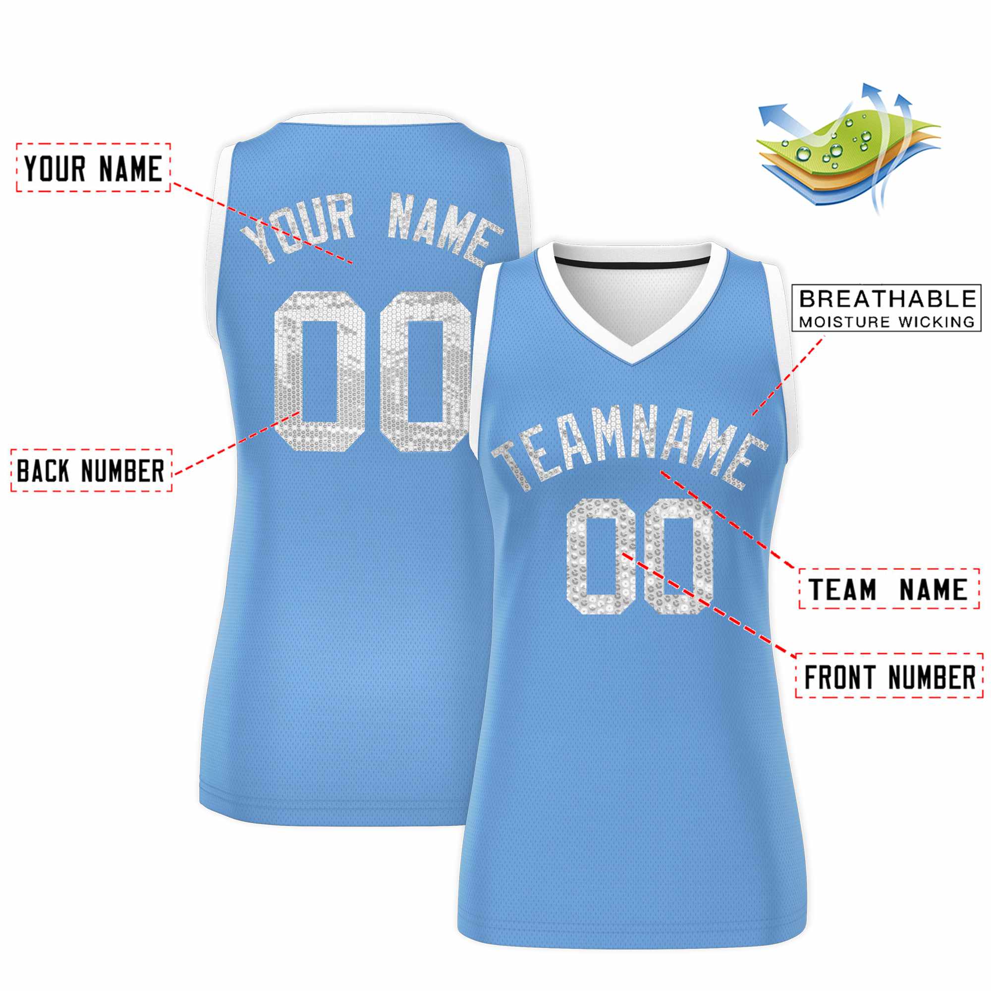 Custom Light Blue White Women Basketball Jersey Sequined Dress
