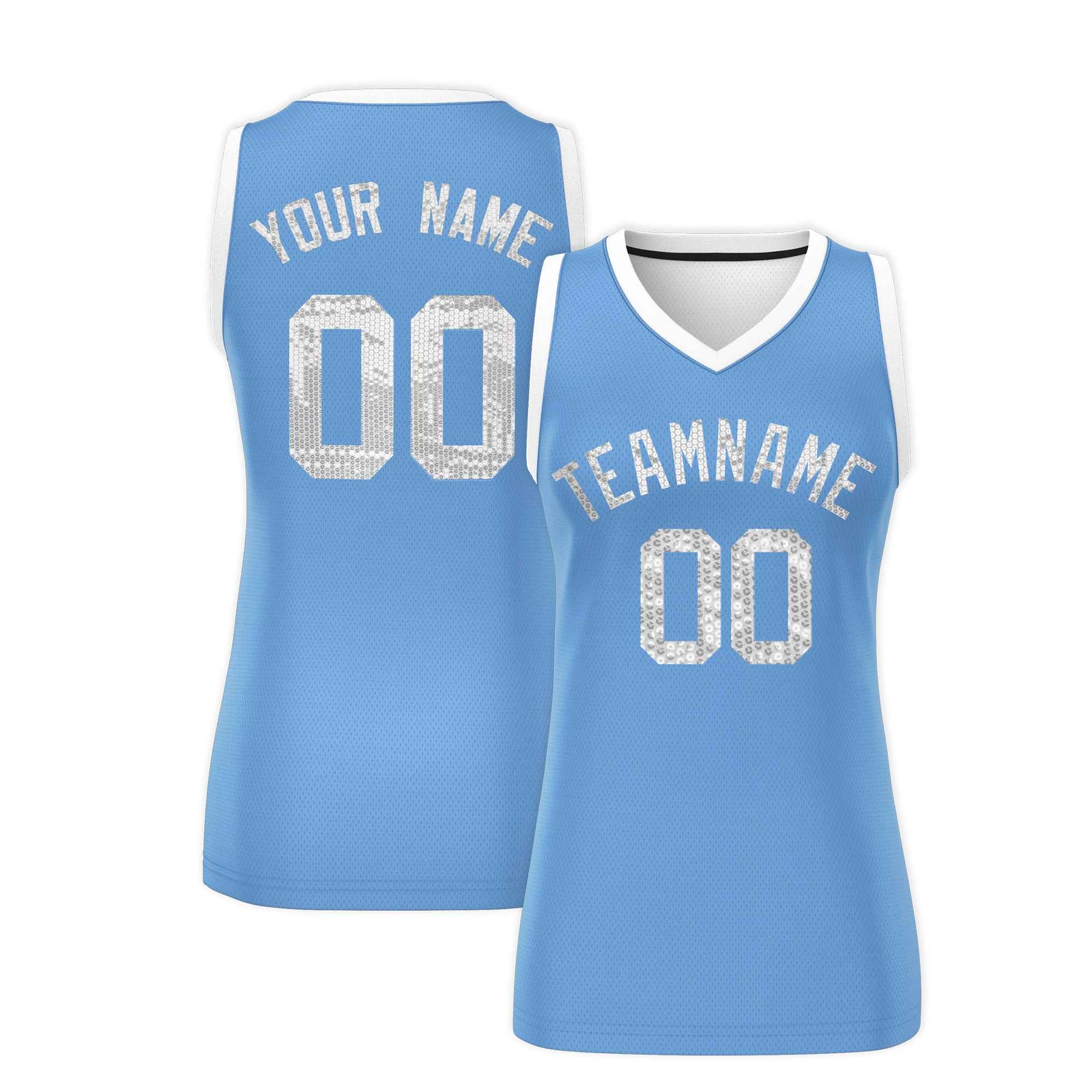 Custom Light Blue White Women Basketball Jersey Sequined Dress