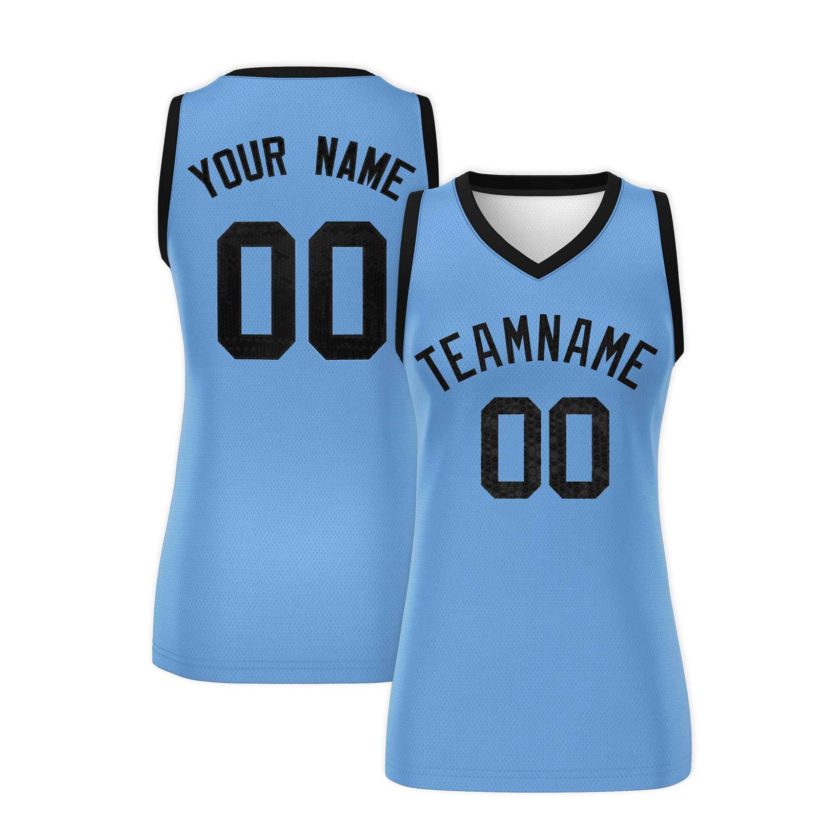 Custom Light Blue Black Women Basketball Jersey Sequined Dress