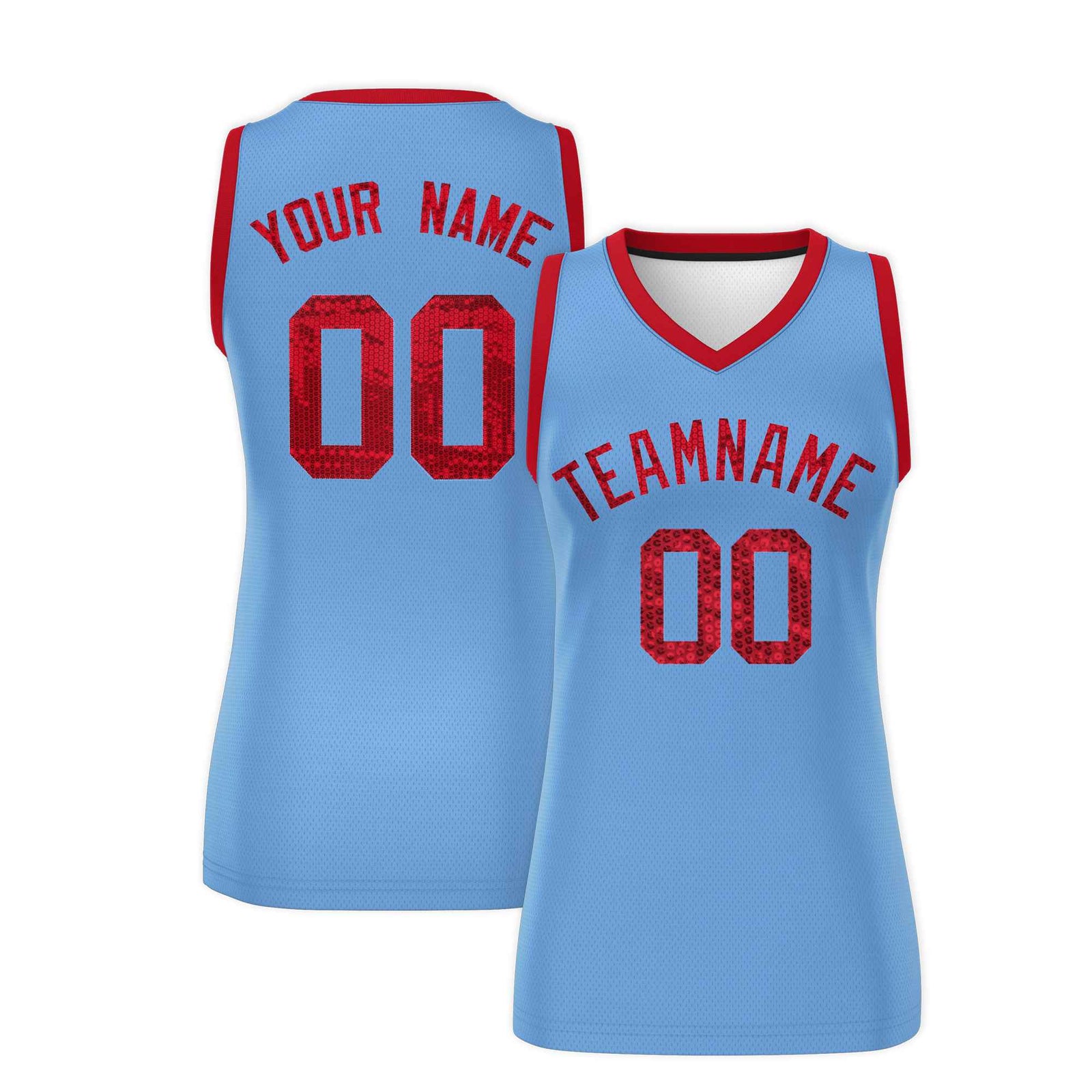 Custom Light Blue Red Women Basketball Jersey Sequined Dress