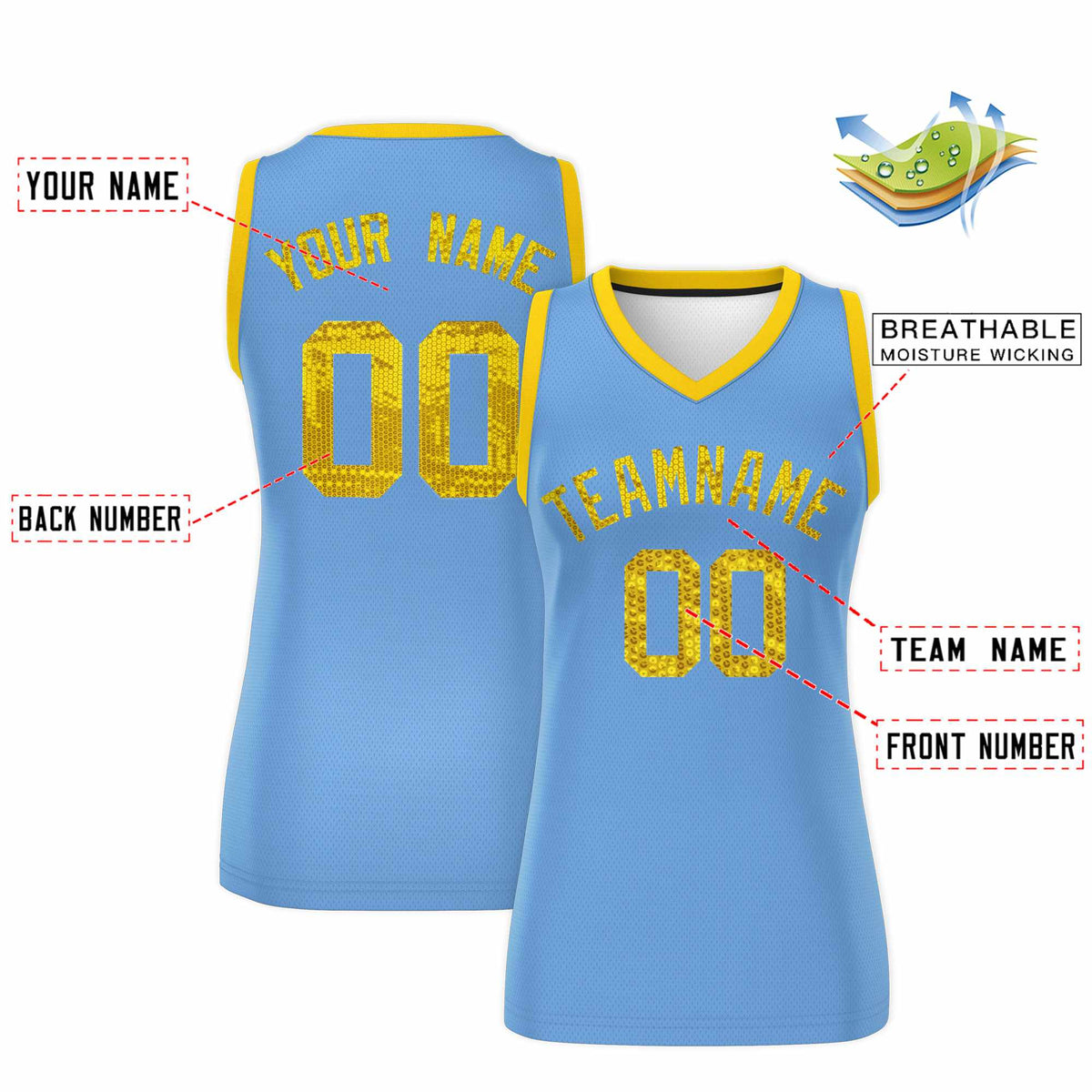 Custom Light Blue Gold Women Basketball Jersey Sequined Dress