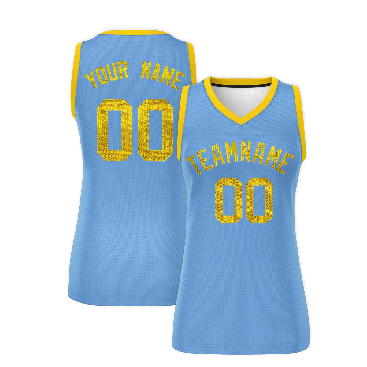 Custom Light Blue Gold Women Basketball Jersey Sequined Dress