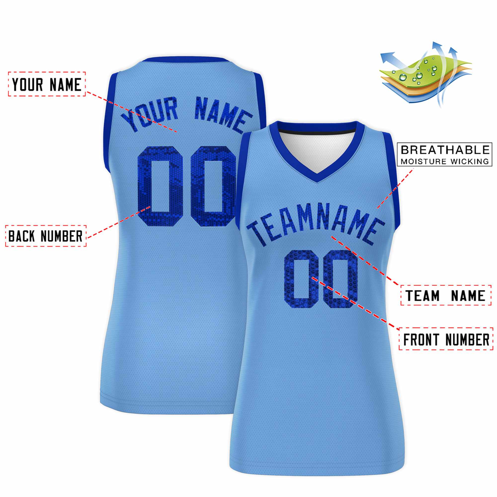 Custom Light Blue Royal Women Basketball Jersey Sequined Dress
