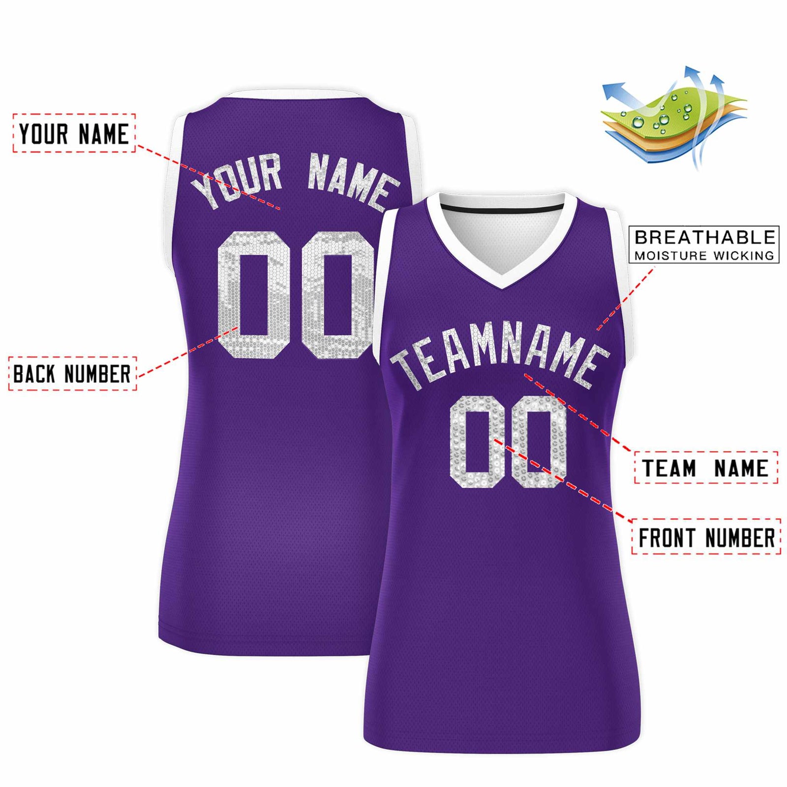 Custom Purple White Women Basketball Jersey Sequined Dress