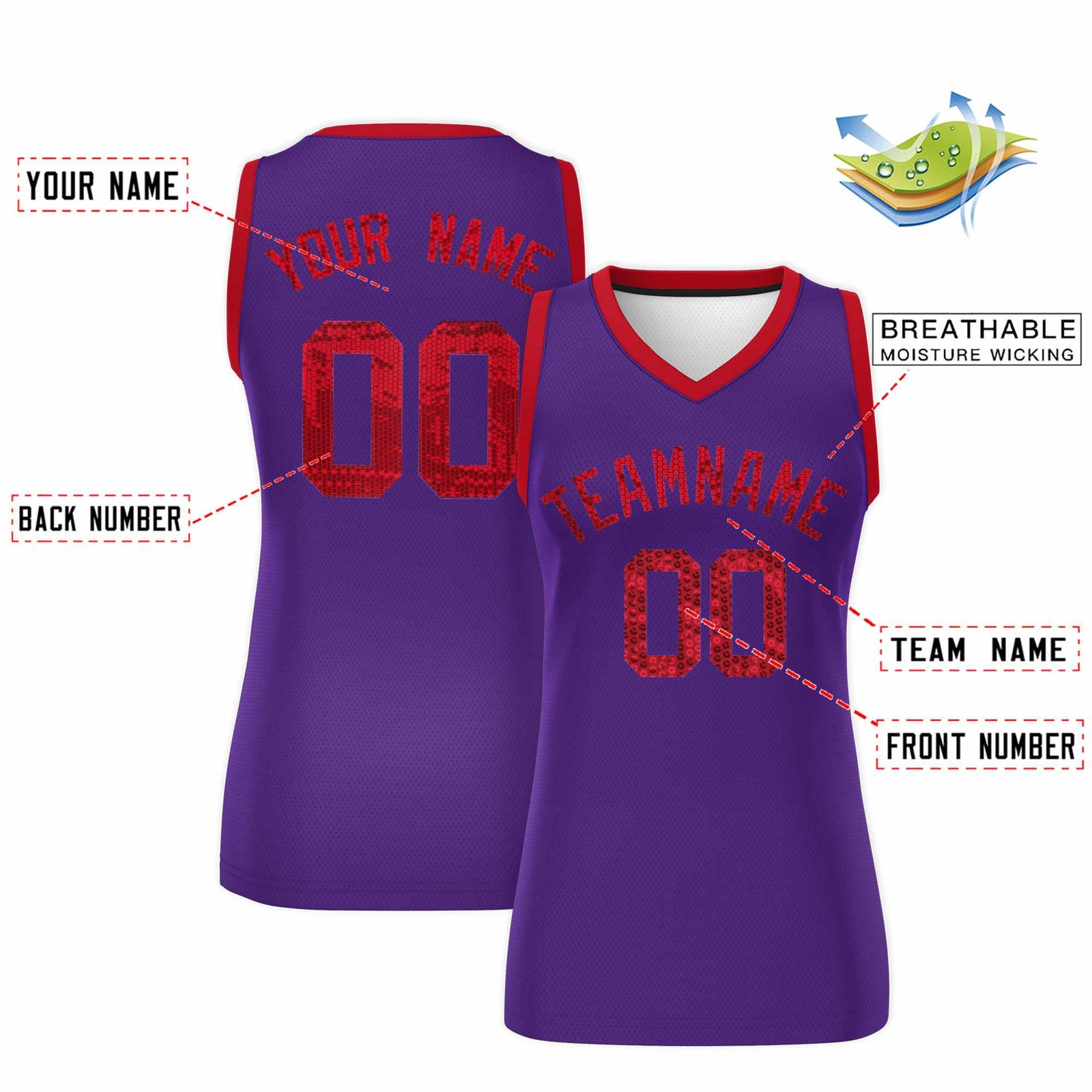 Custom Purple Red Women Basketball Jersey Sequined Dress