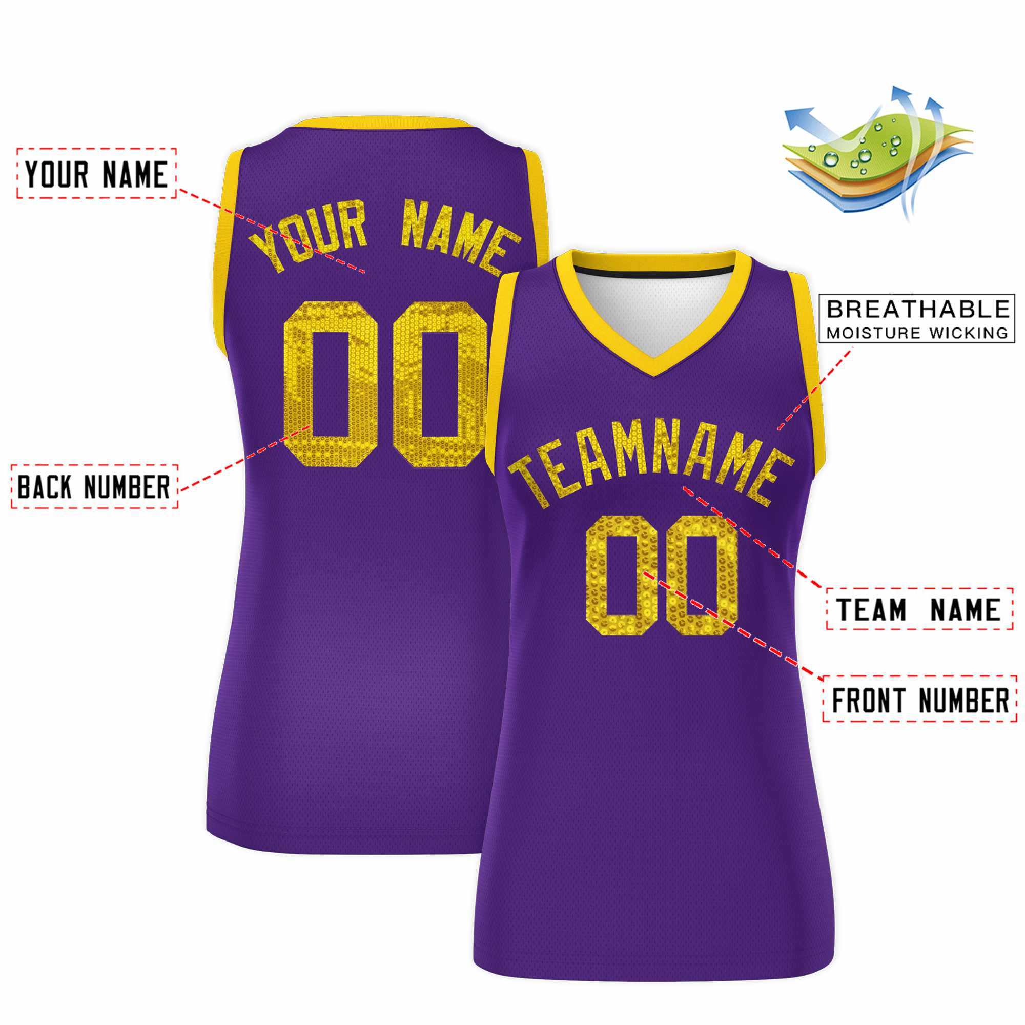 Custom Purple Gold Women Basketball Jersey Sequined Dress