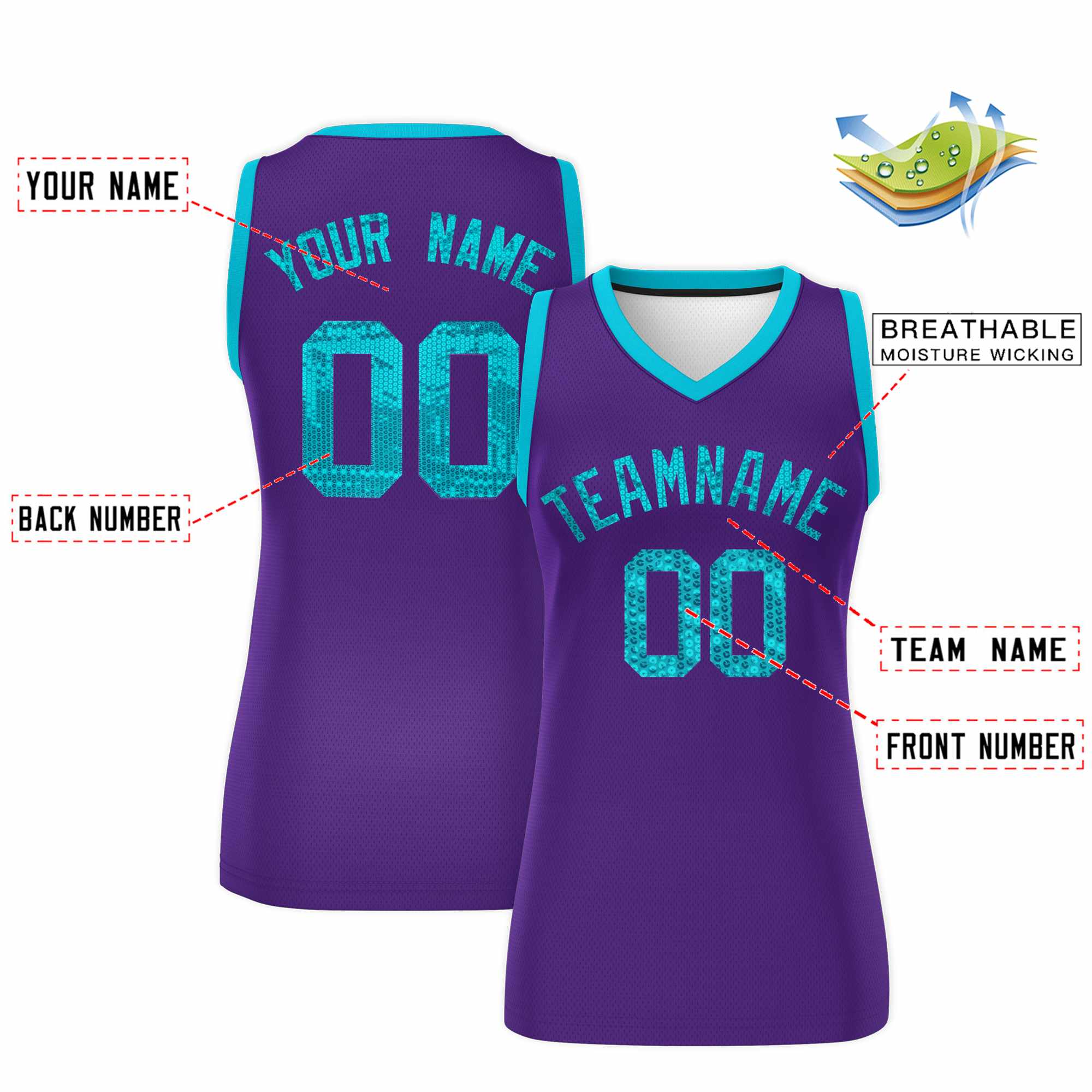Custom Purple Sky Blue Women Basketball Jersey Sequined Dress