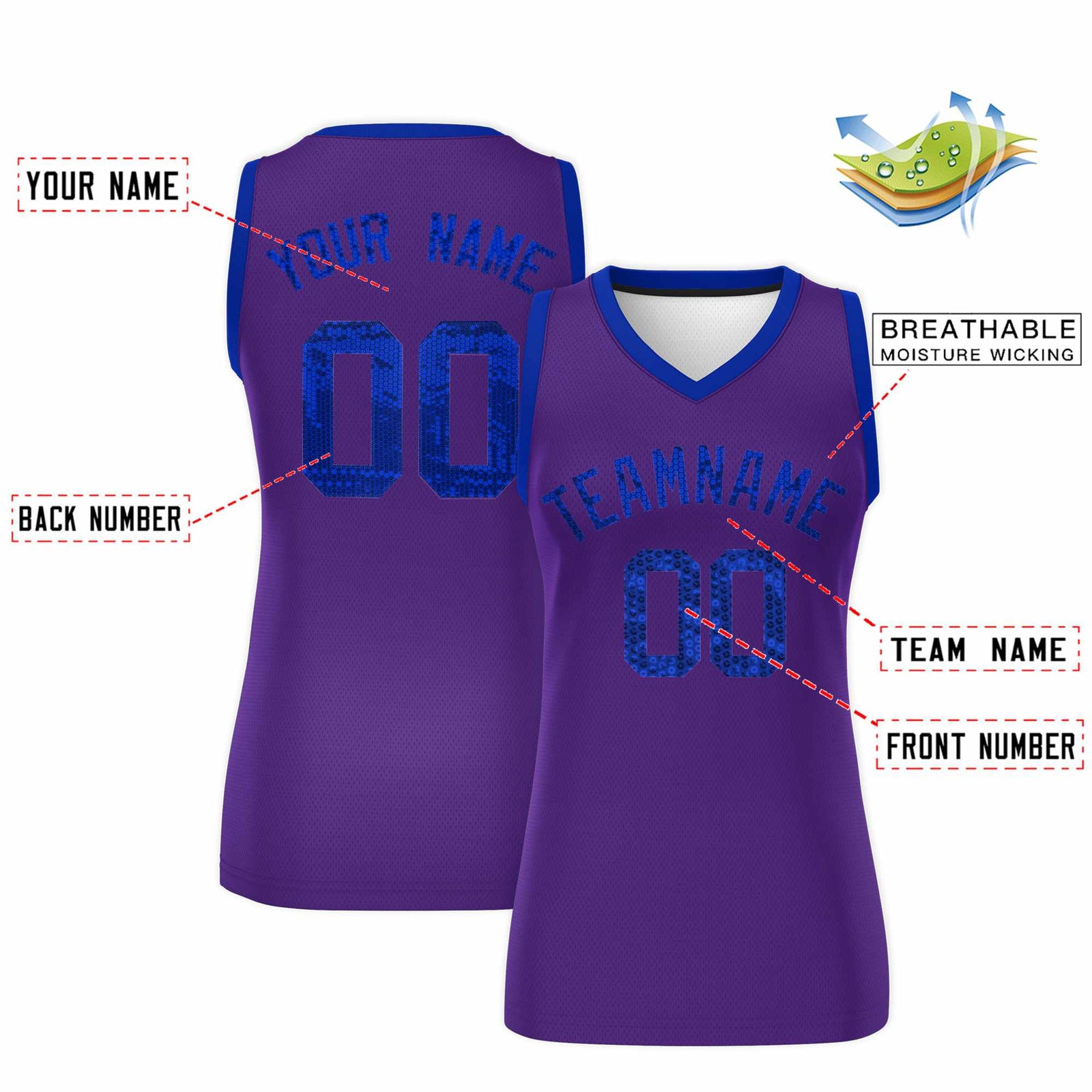 Custom Purple Royal Women Basketball Jersey Sequined Dress